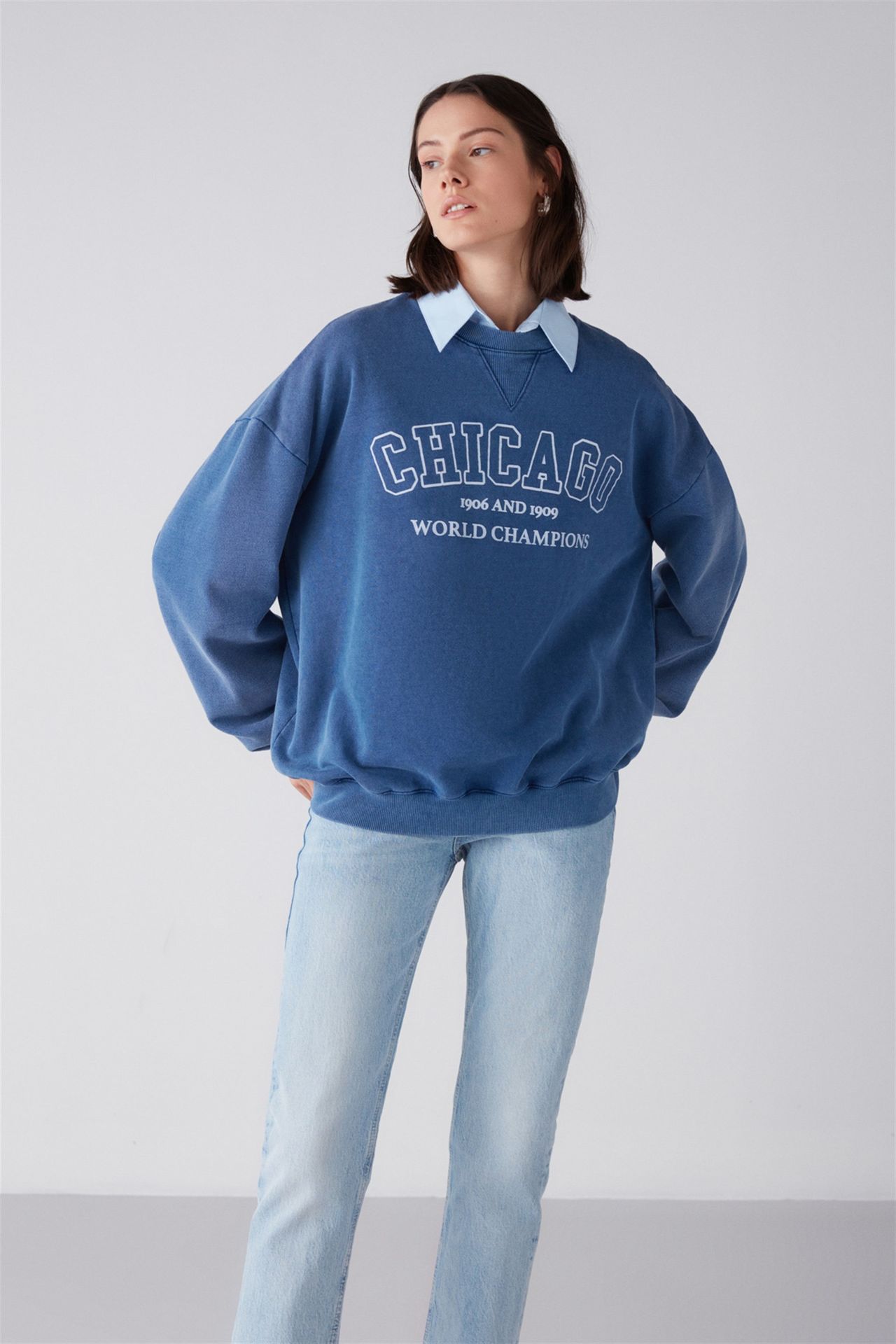 GRIMELANGE Baskılı Oversize Bisiklet Yaka Sweatshirt 5