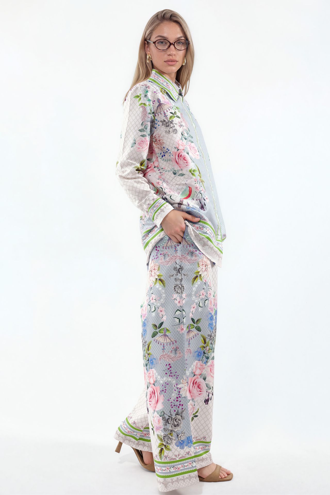 MSN Floral Shirt Collar Blouse And Wide-Leg Pants Set