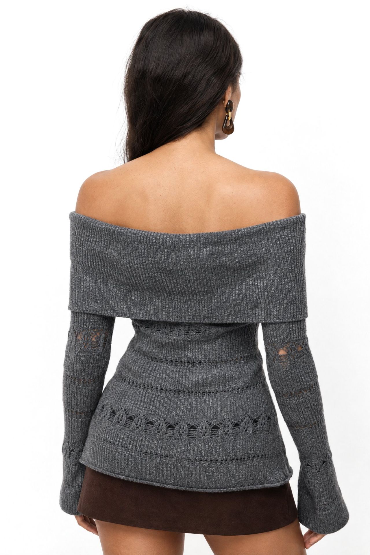 MIXRAY Off Shoulder Textured Ribbed Sweater with Cut Out Details 3
