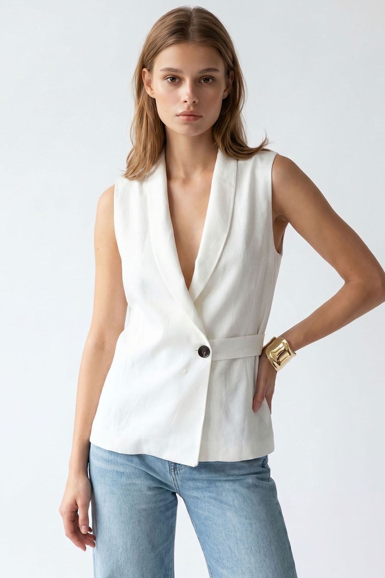 MIXRAY Belted Cotton-linen Waistcoat 3