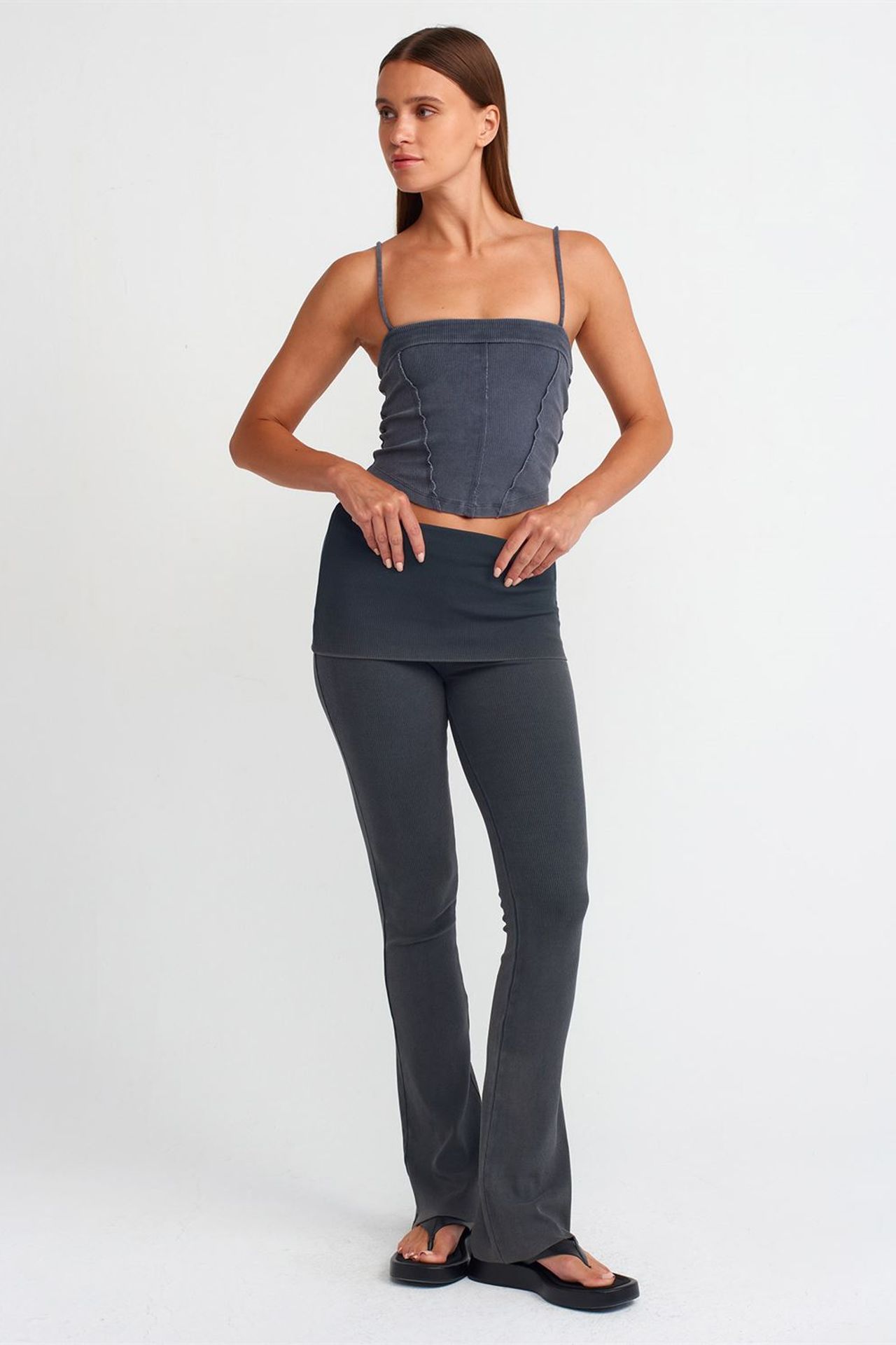 DILVIN Kare Yaka Fitilli Crop Bluz 3