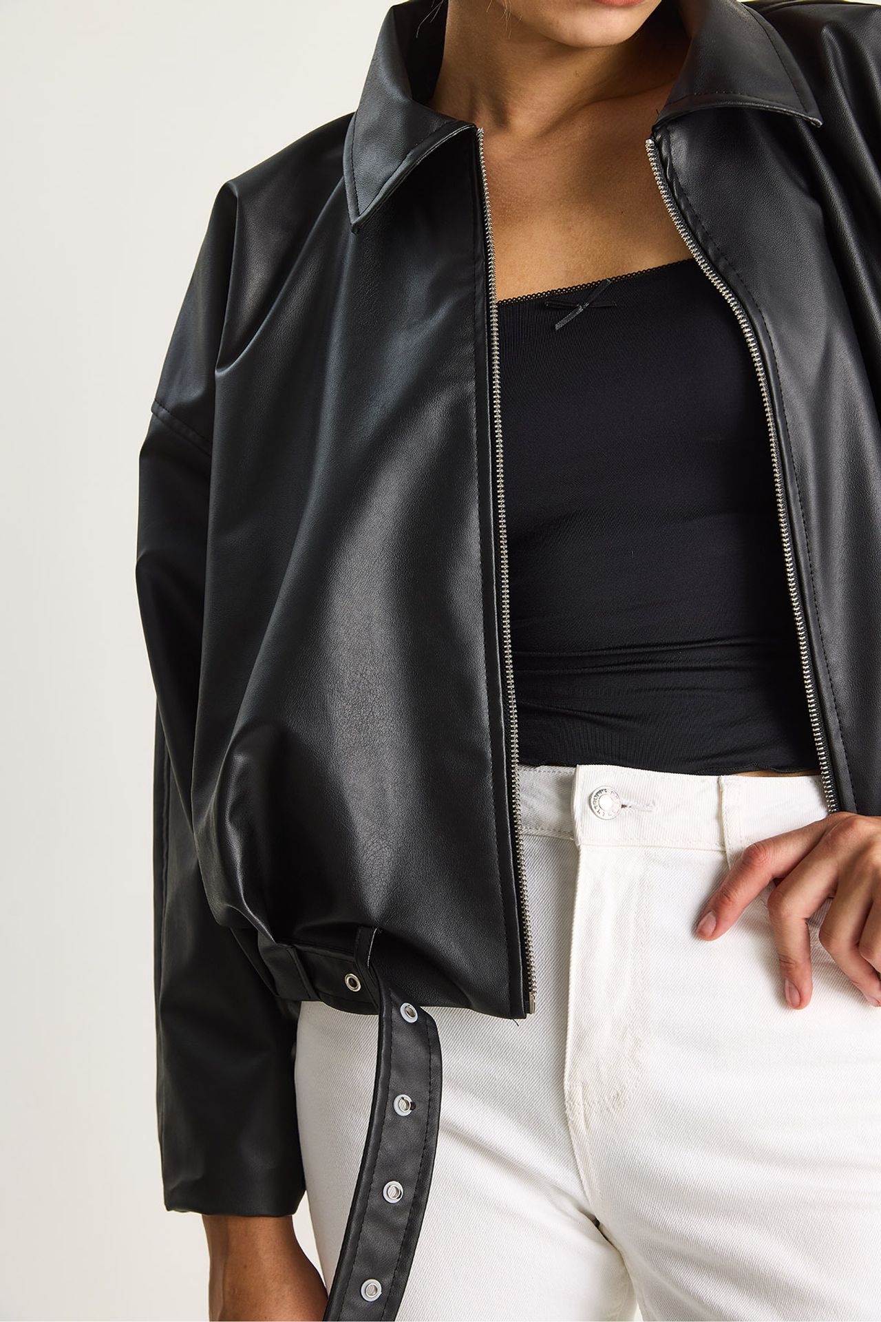 LUCCI Faux Leather Bomber Jacket with Zipper Closure 4