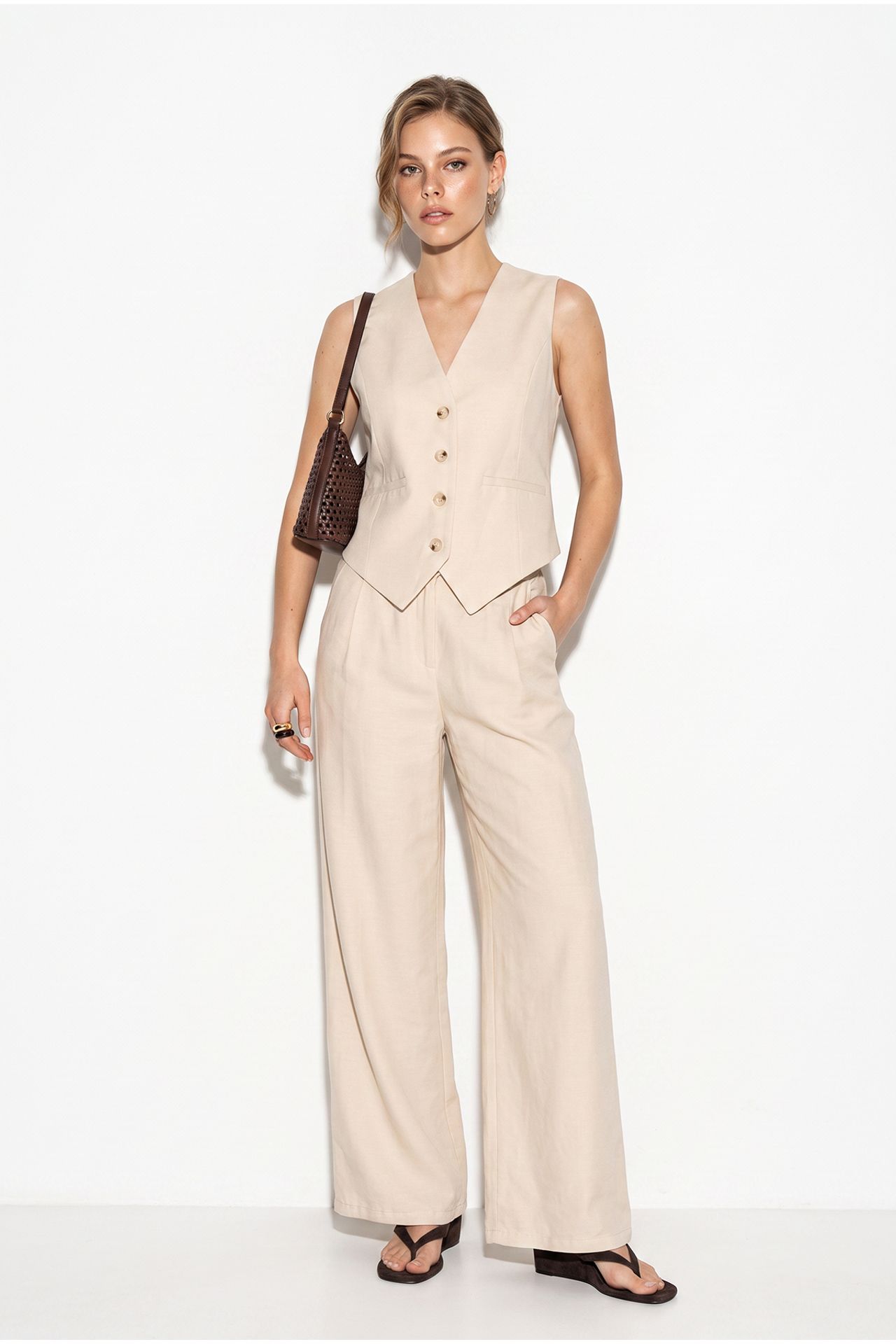 LUCCI V-neck Vest and Wide Leg Pants Two-Piece Coord Set 1