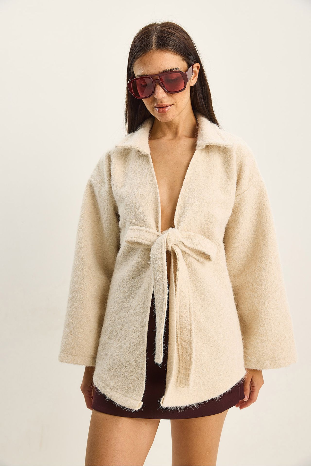 LUCCI Textured Oversized V-Neck Tie Closure Cardigan 3