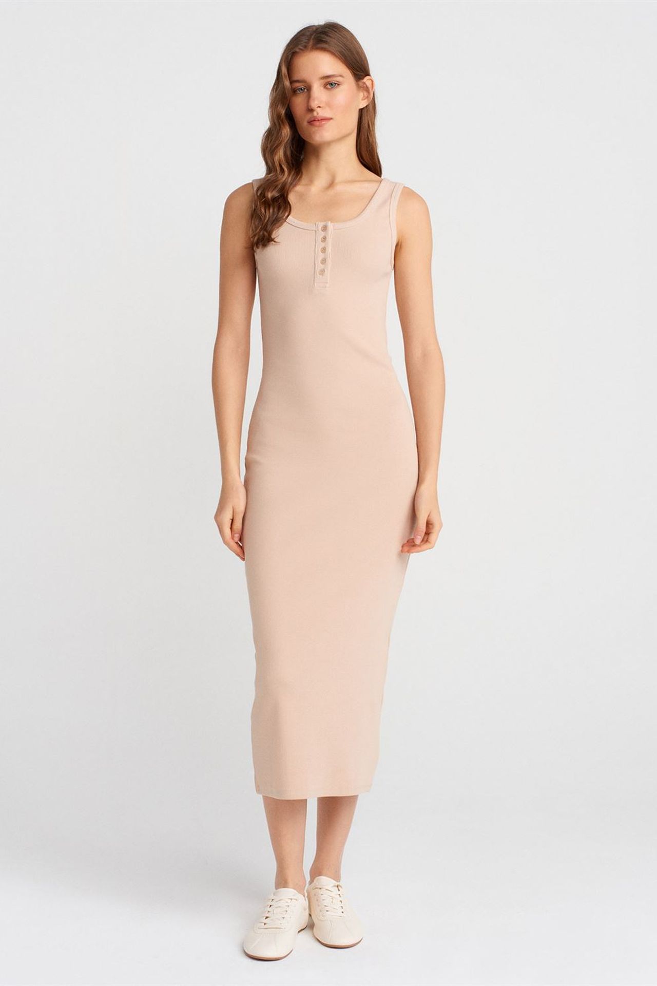 DILVIN Ribbed Midi Bodycon Dress With Buttons 1