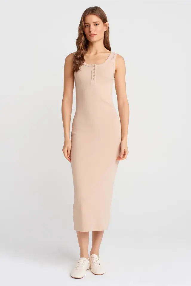 DILVIN Ribbed Midi Bodycon Dress With Buttons
