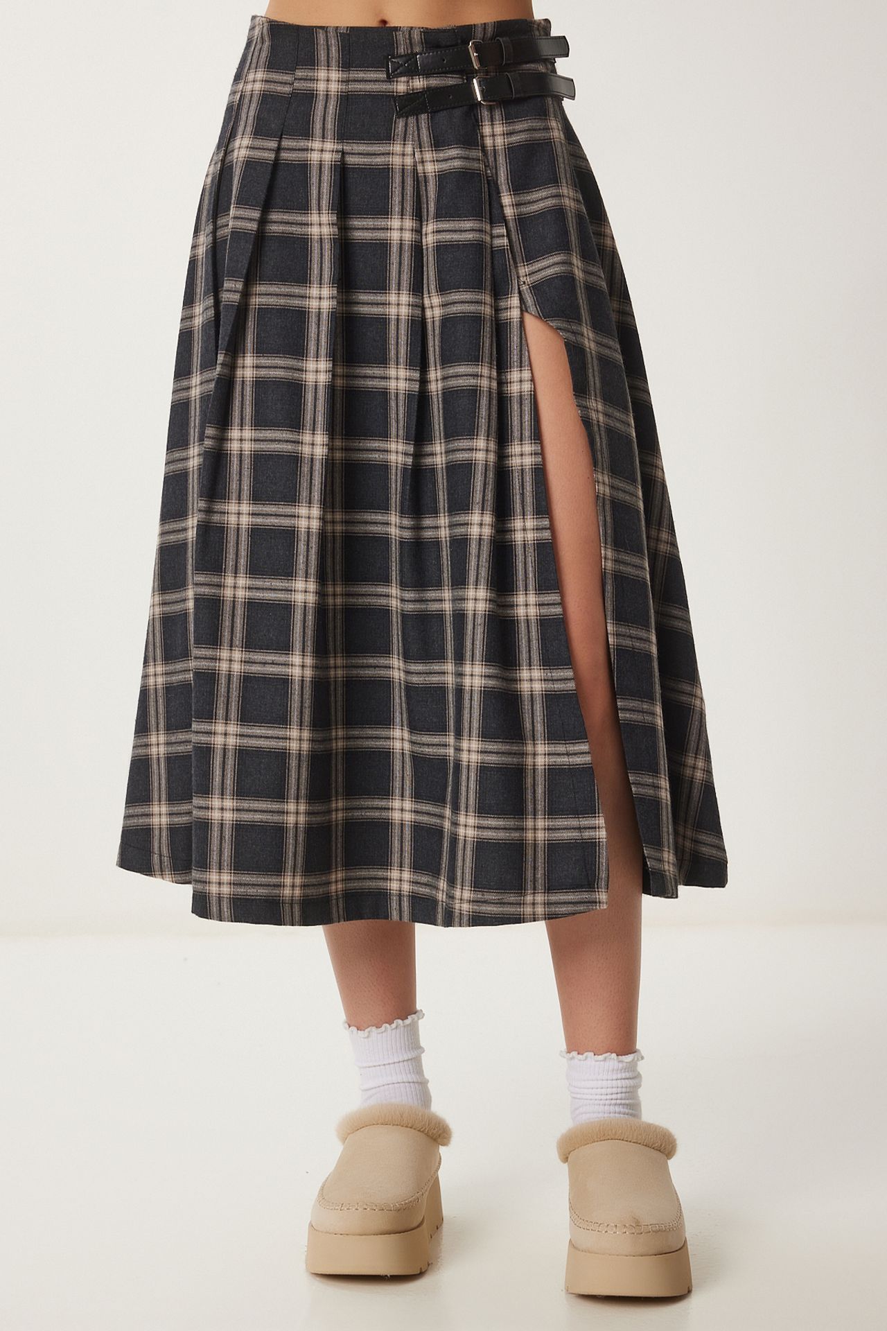 ISTANBUL Belt Detailed High Waist Long Plaid Skirt 6