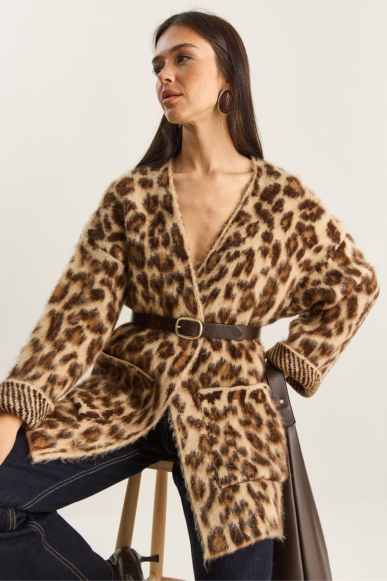LUCCI Oversized Long Cardigan with Leopard Print and Pockets 6