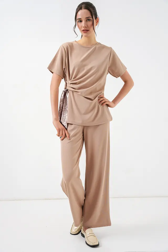 BDART Crew Neck Tie Detail Ribbed Co-Ord Set with Wide Leg Trousers