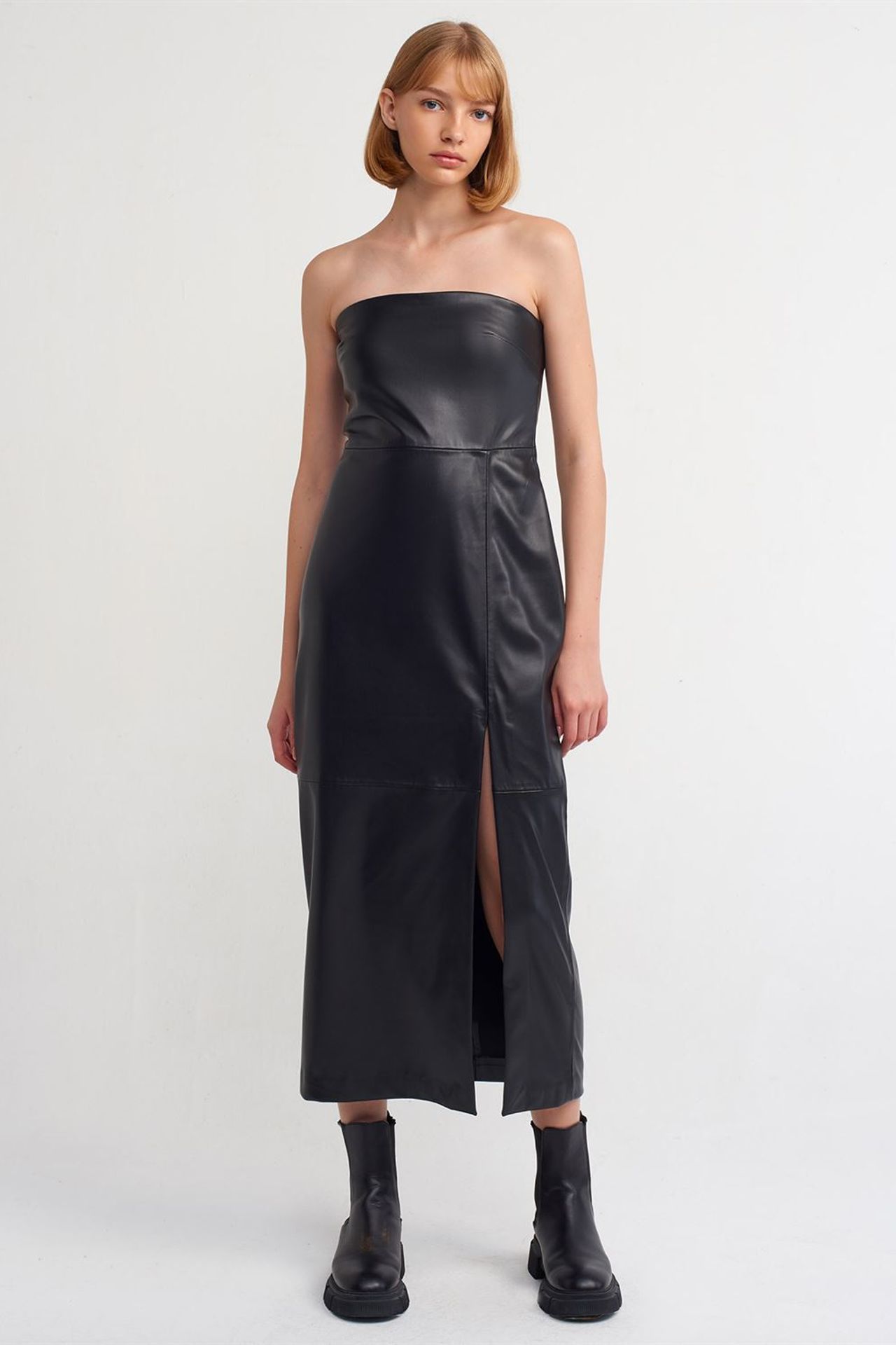 DILVIN Women's Strapless Faux Leather Midi Dress 2