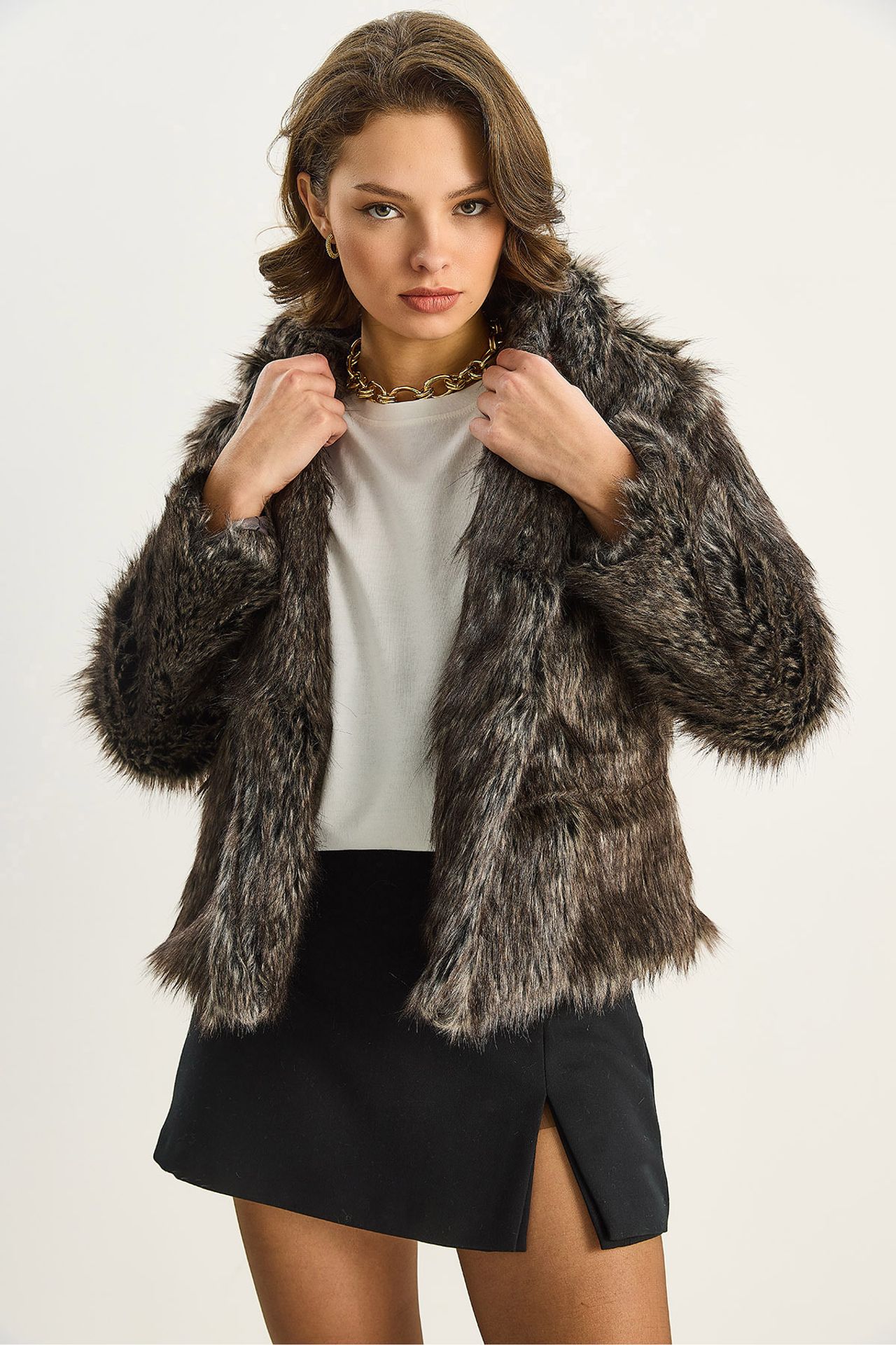 Faux Fur Cropped Open Collar Coat 4