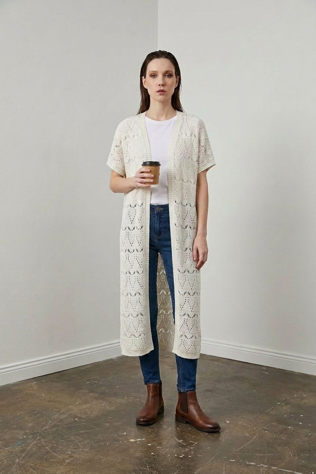 MY FASHION Long Textured Jacquard Cardigan