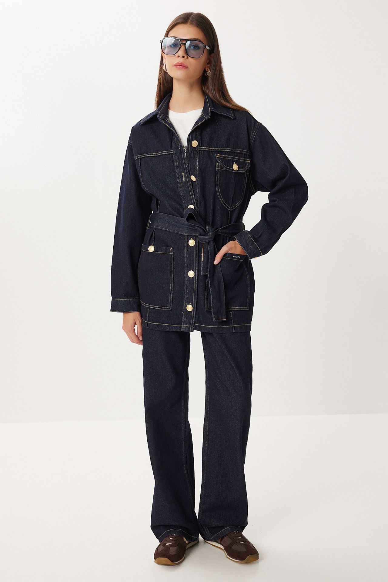 ISTANBUL Belted Denim Jacket and Wide Leg Pants Two-Piece Set 1