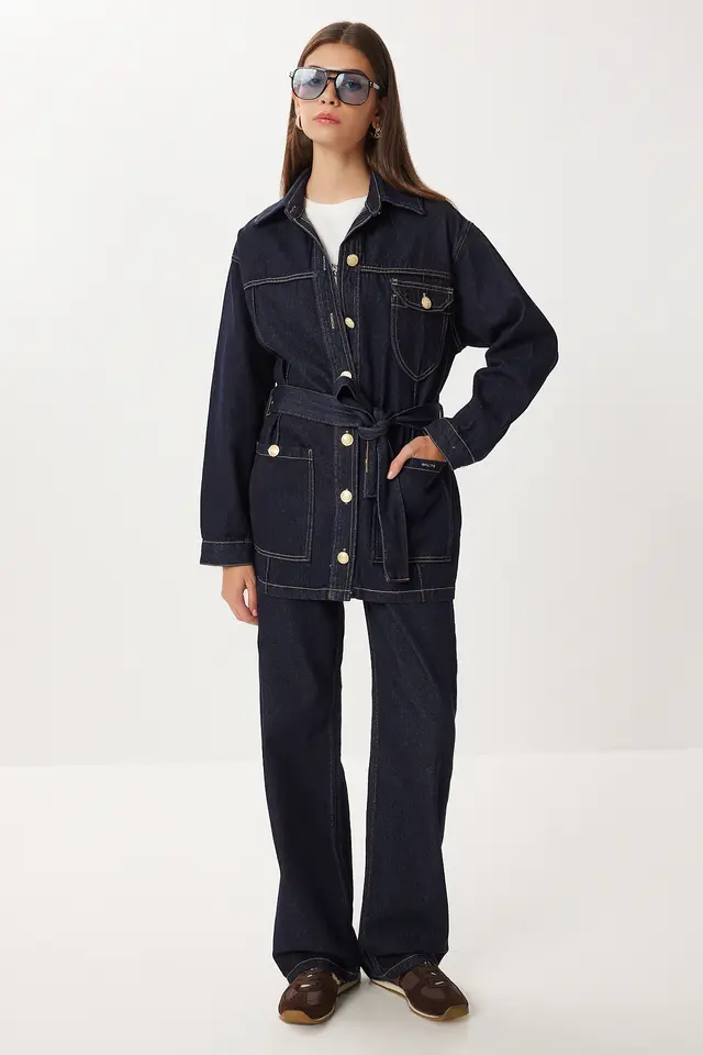 ISTANBUL Belted Denim Jacket and Wide Leg Pants Two-Piece Set