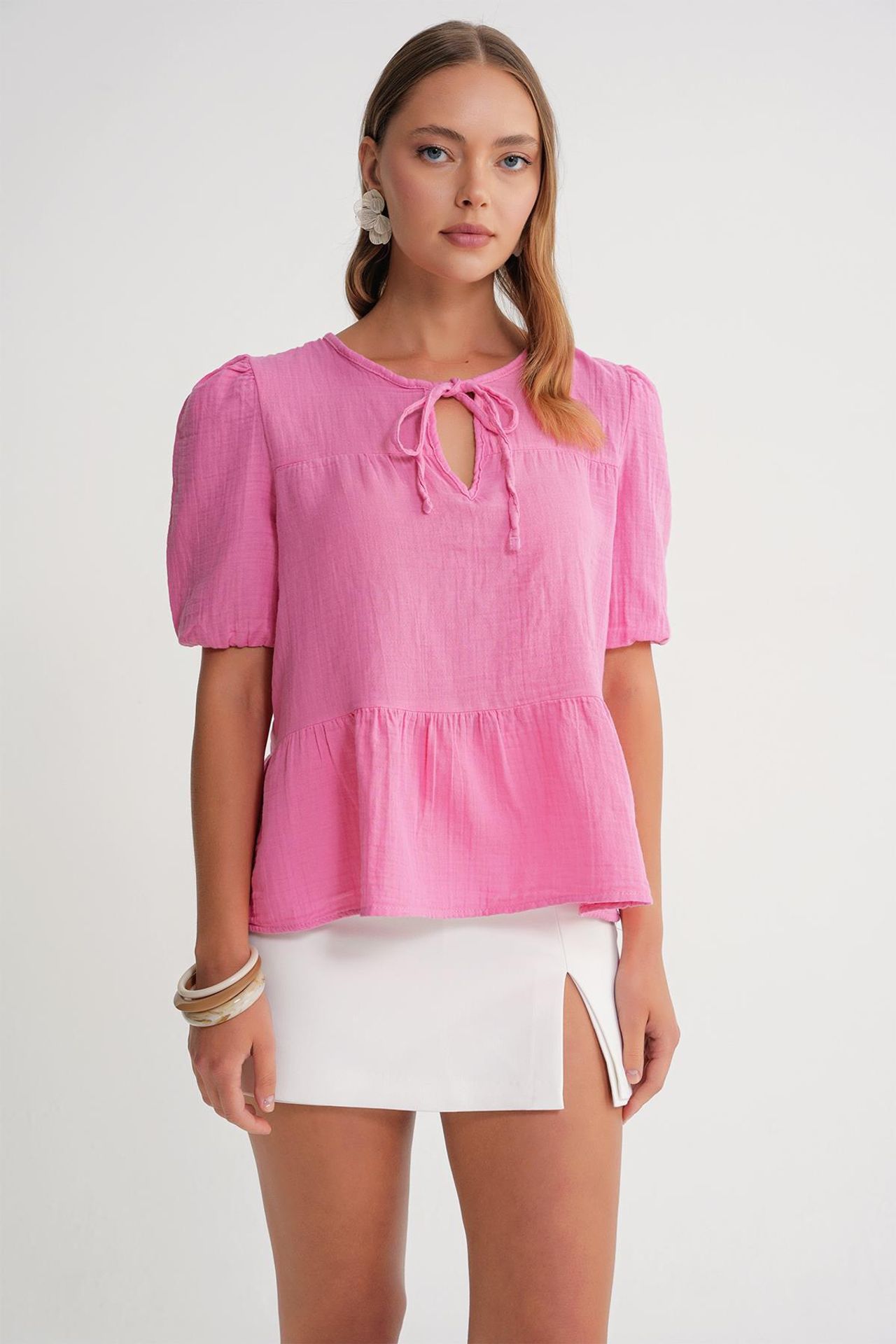 Mixray Textured Muslin Crew Neck Blouse with Binding Detail 2