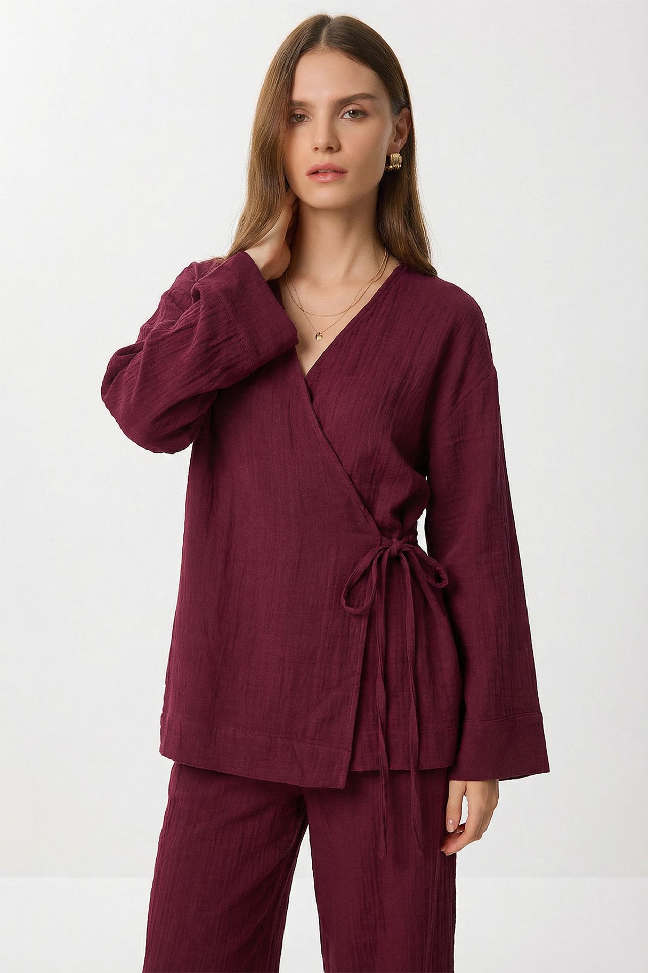 ISTANBUL High Waist Wide Leg Pants & V-Neck Tie Detail Blouse Co-ord Set 2