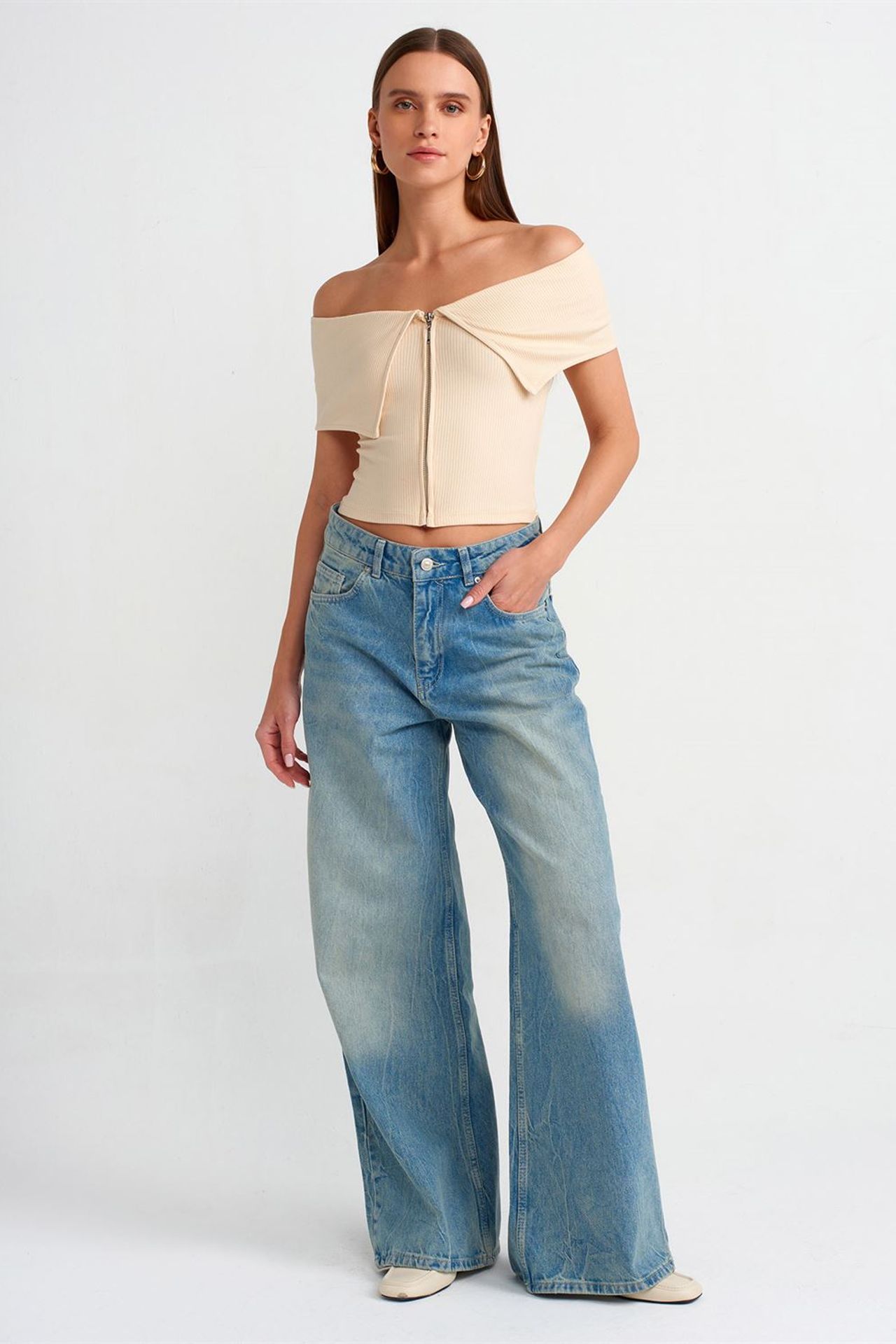 DILVIN Women's Off-shoulder Crop T-shirt With Zipper 3