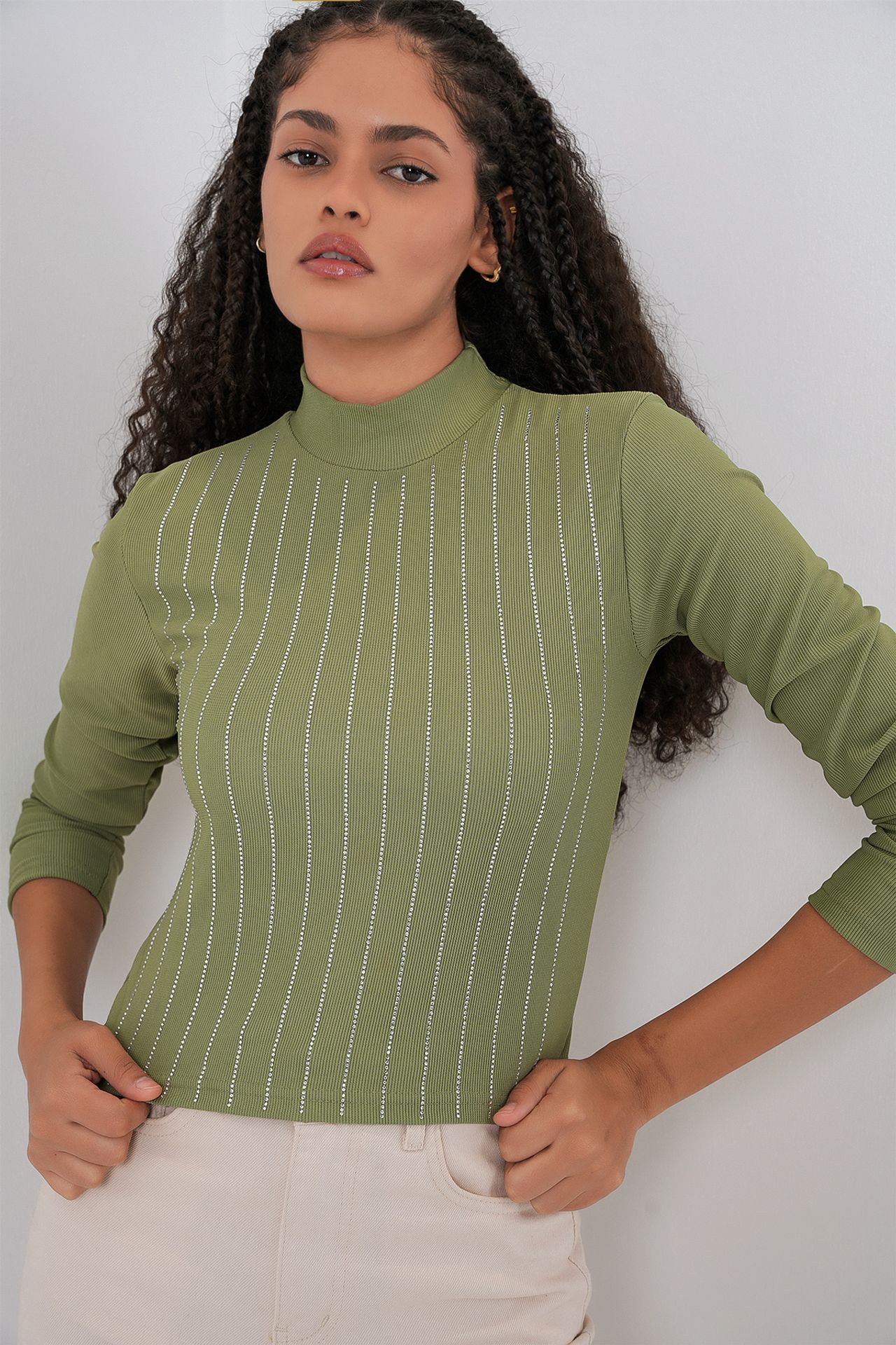 BDART Striped Half Turtleneck Long Sleeve Top with Stone Detail 1
