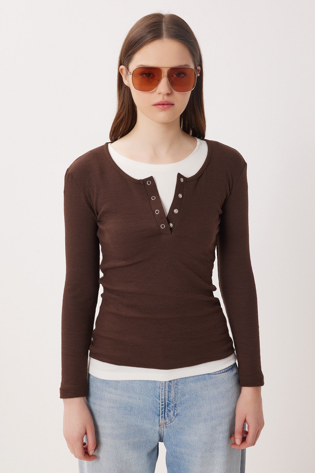 ISTANBUL Slim Fit Ribbed Button-Up Long Sleeve Blouse 3