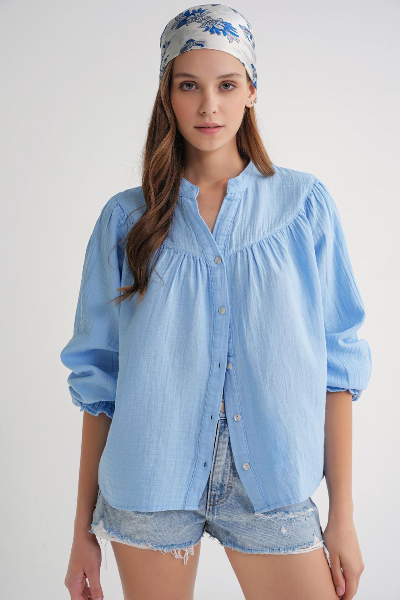 Mixray Cotton Mandarin Collar Button Shirt 2