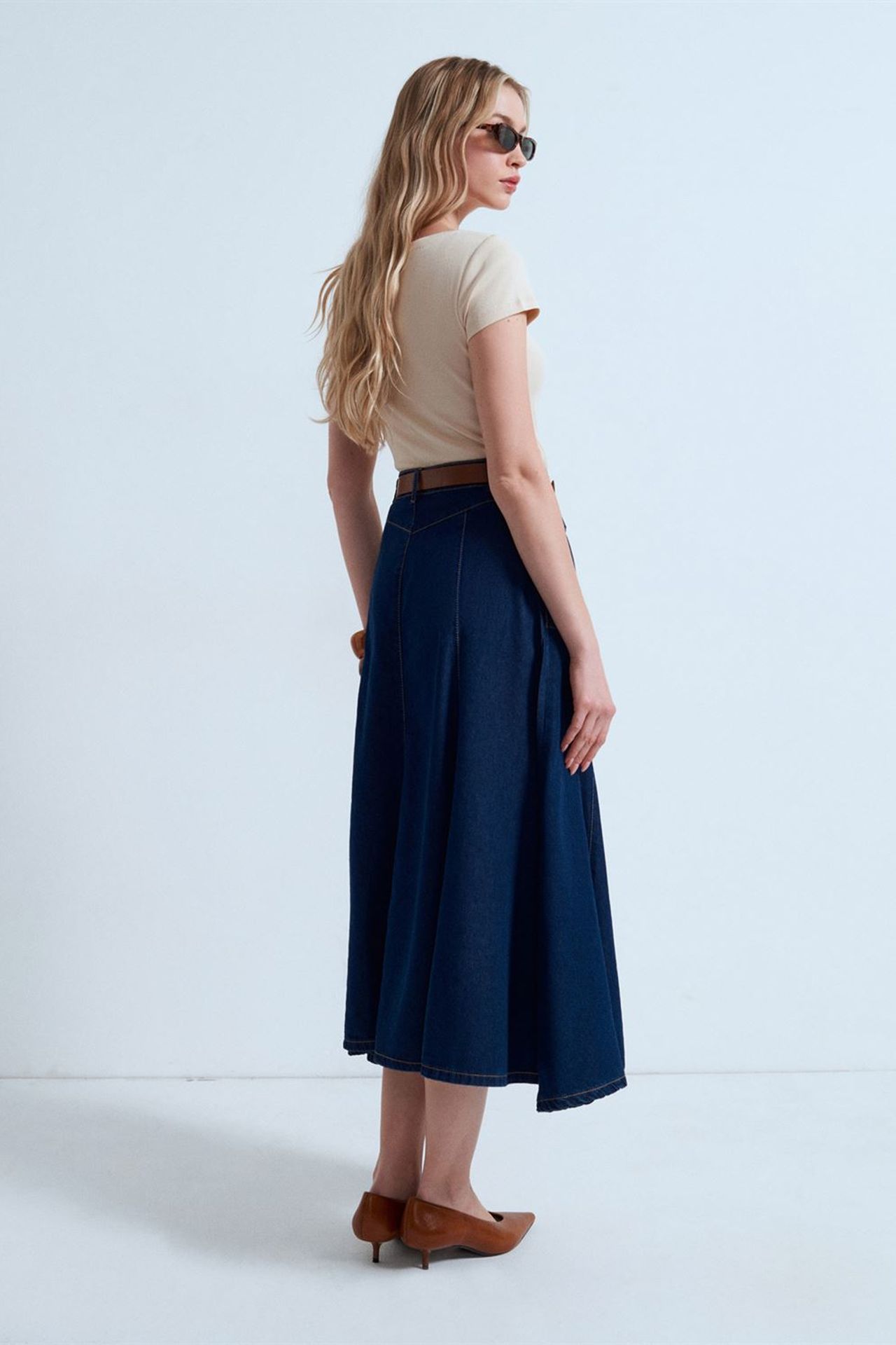 DILVIN High-Waist Midi A-Line Denim Skirt 2