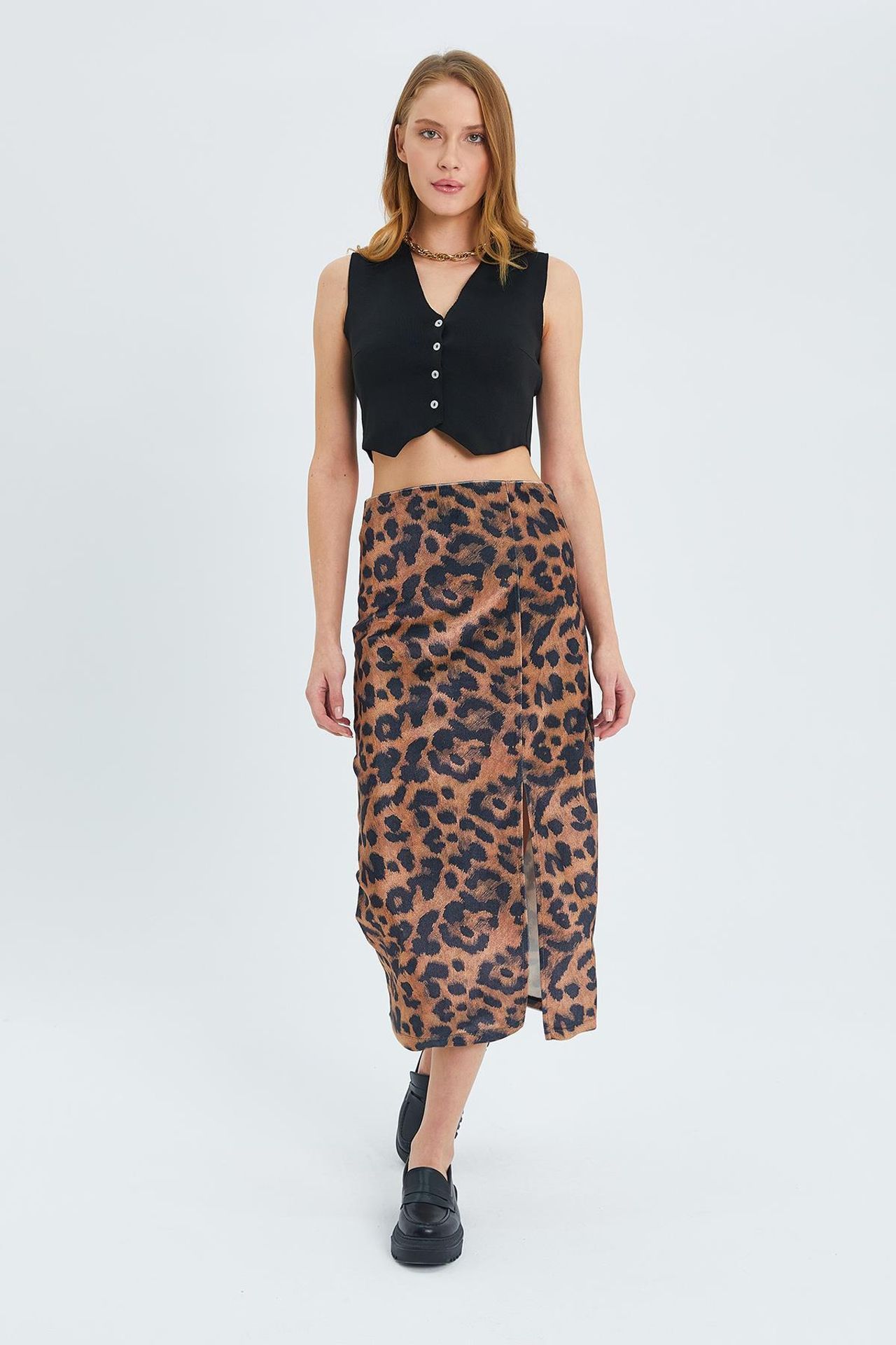 Mixray Leopard Print High Waist Midi Skirt with Slit 2