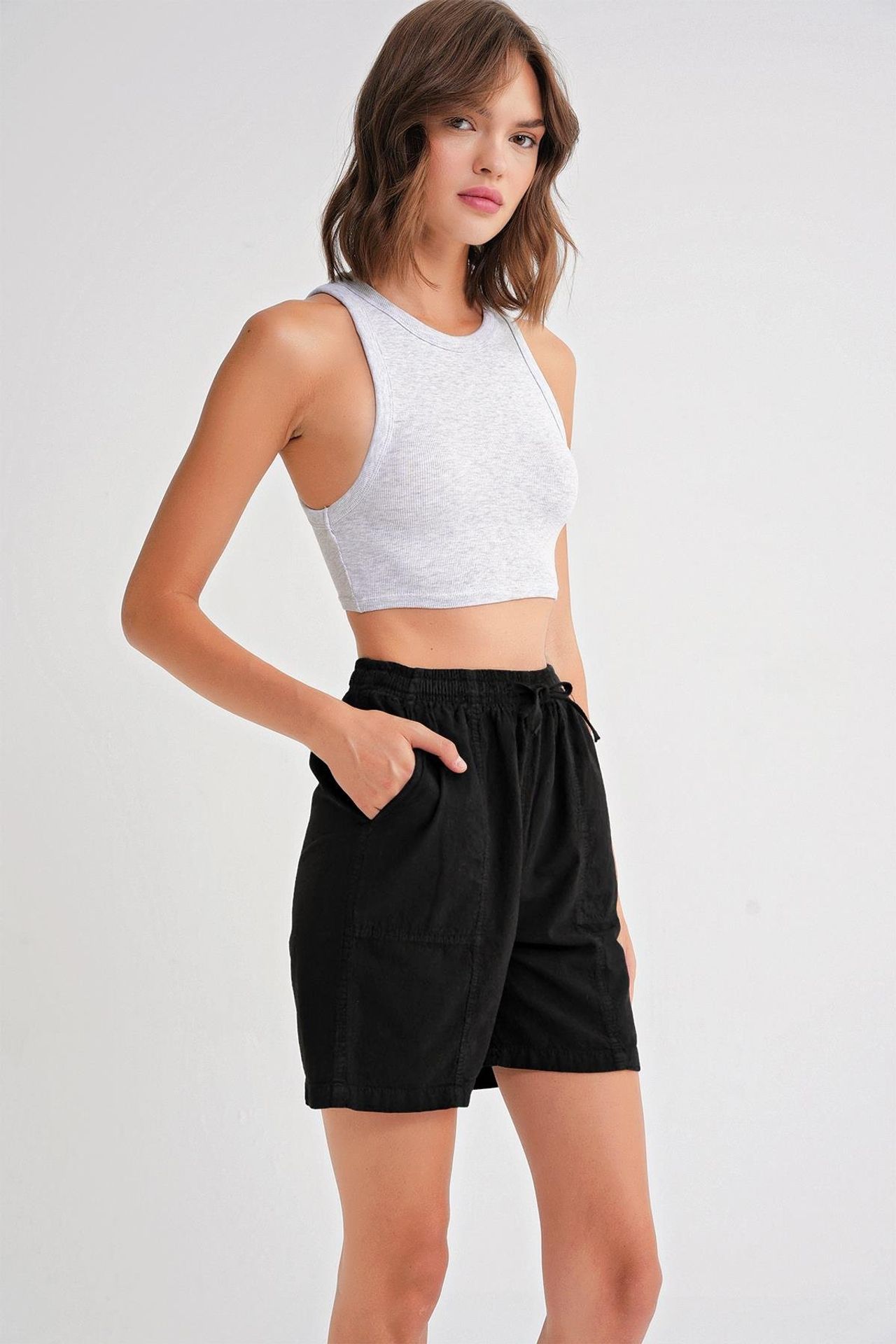 Mixray High Waist Cotton Drawstring Mini Shorts 2