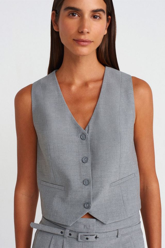 DILVIN Crop Crepe Waistcoat With Button Closure