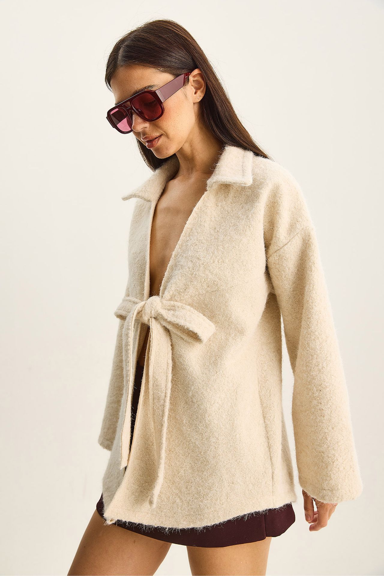 LUCCI Textured Oversized V-Neck Tie Closure Cardigan 4