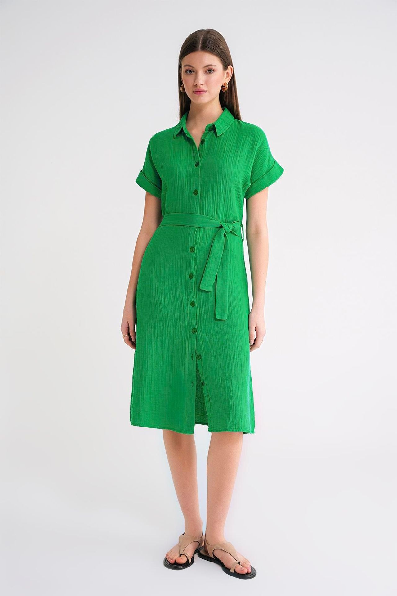 HiCCUP - Green Mixray Relaxed Fit Midi Dress With Shirt Collar And Buttons  Women