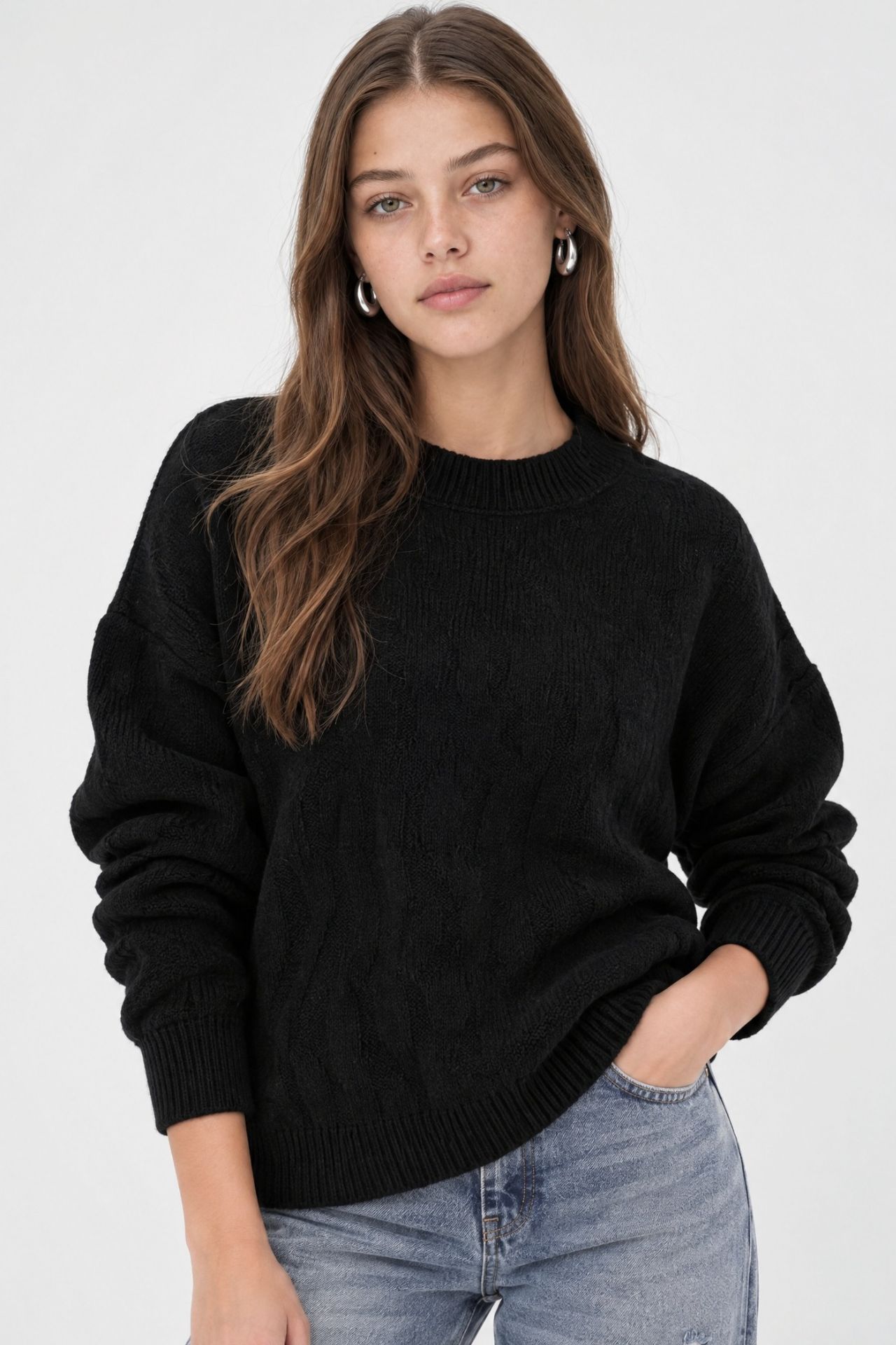 Mixray Ribbed Knitwear Pullover Sweater with Hair Braid Pattern 1