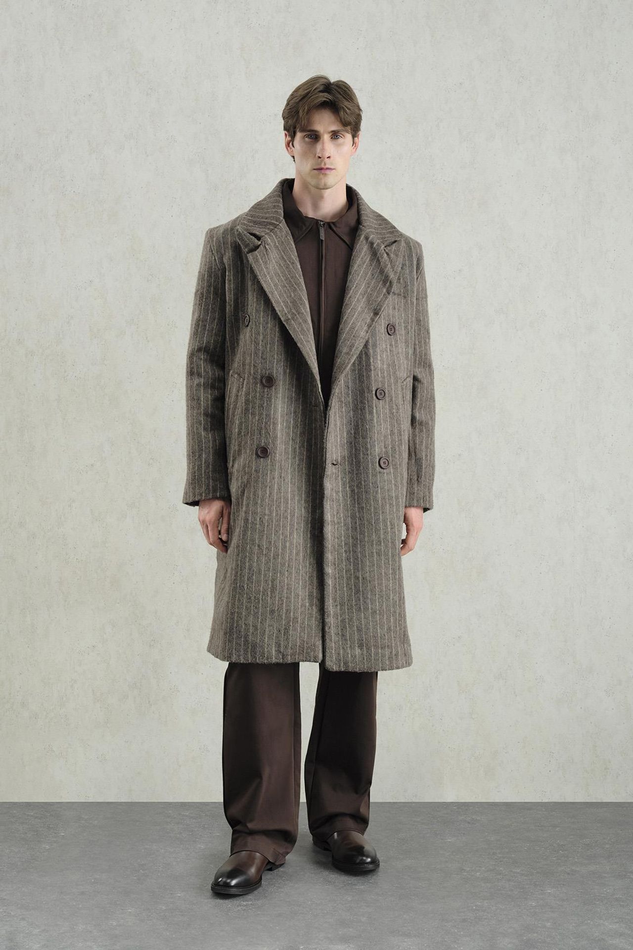 Double Breasted Striped Long Overcoat 1