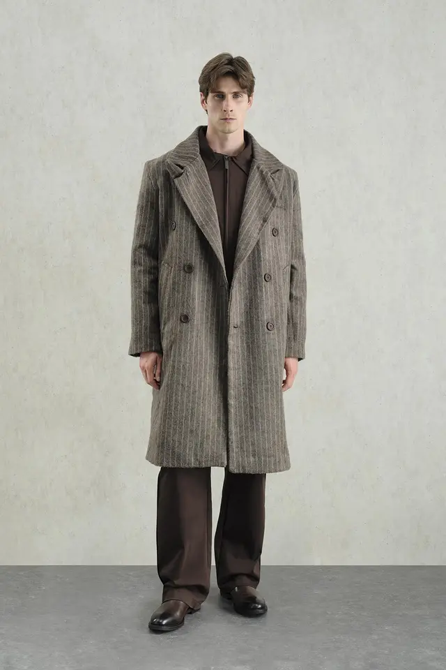 Double Breasted Striped Long Overcoat