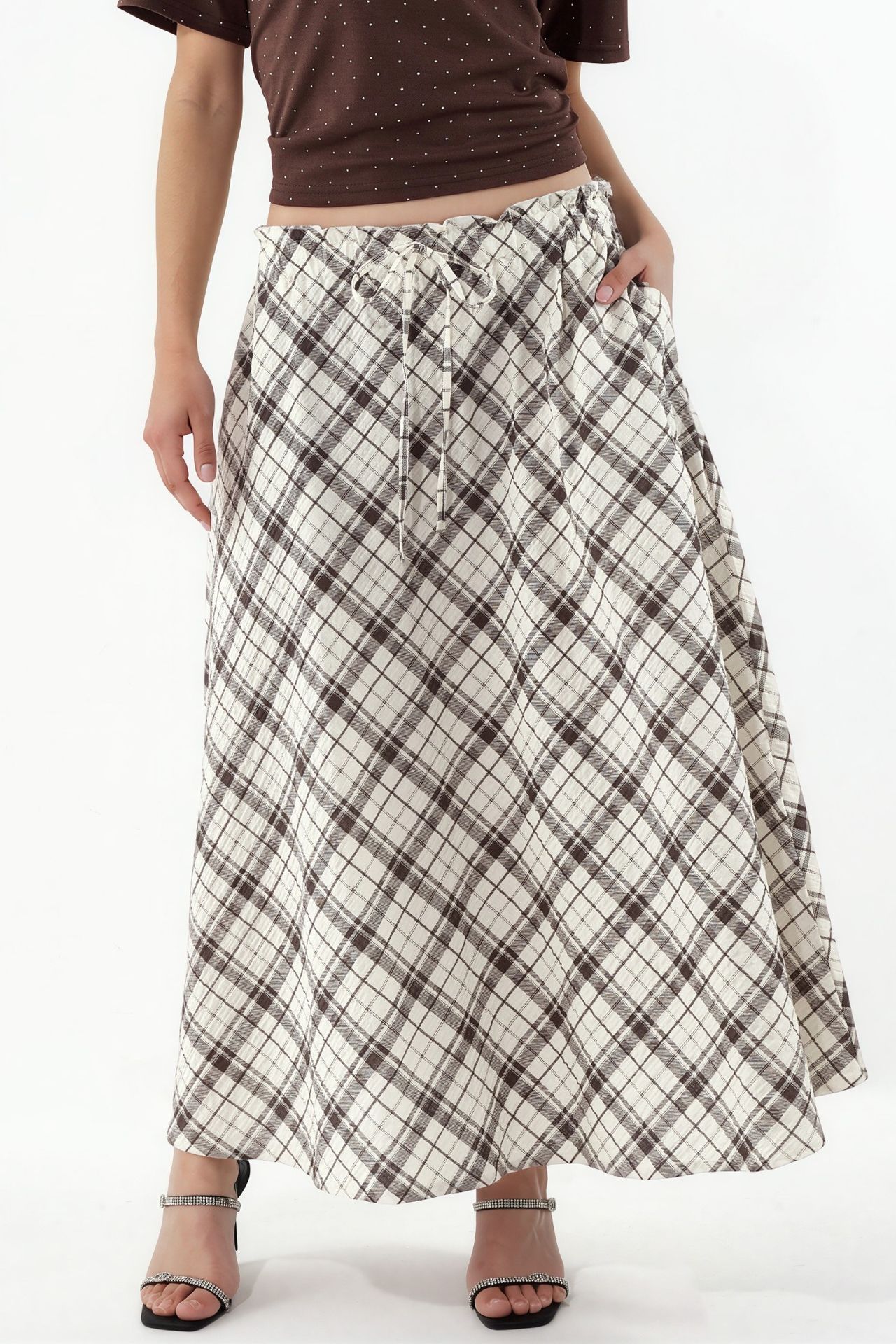 BUSEM High-Waist Plaid Midi A-Line Skirt 1