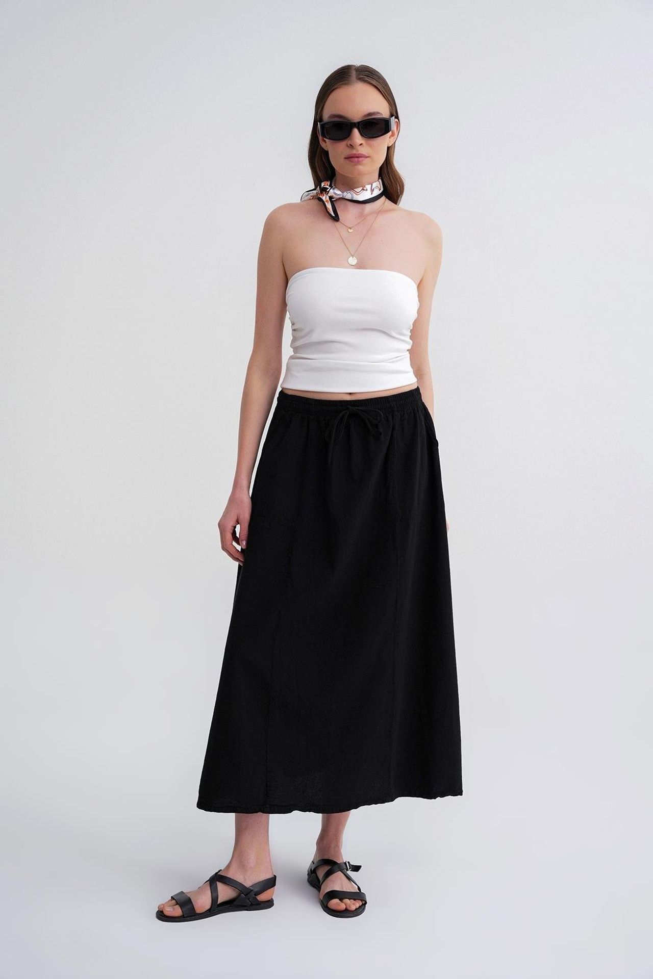Mixray High-Waisted Poplin Skirt with Drawstring Detail 3