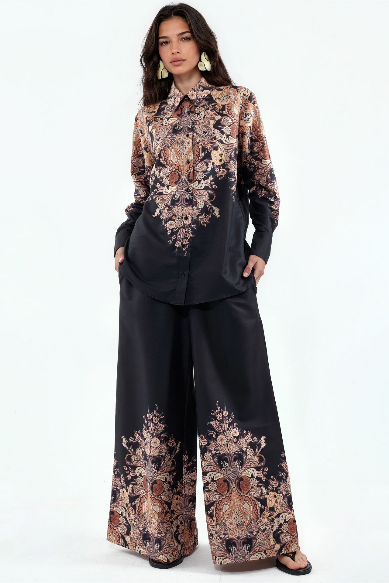 MSN Floral Cotton-viscose Blouse And Wide-leg Trousers Set