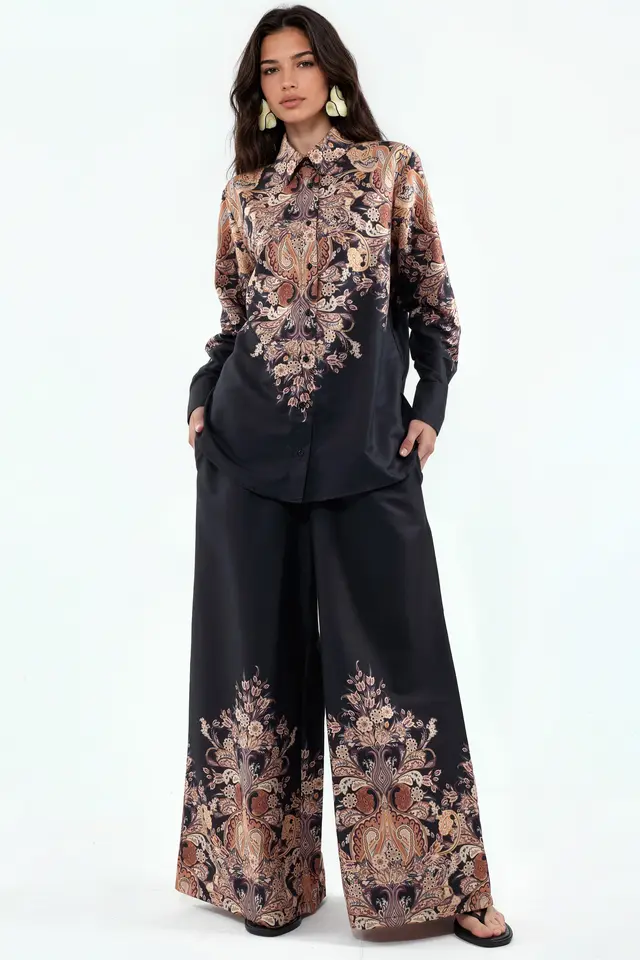 MSN Floral Cotton-viscose Blouse And Wide-leg Trousers Set