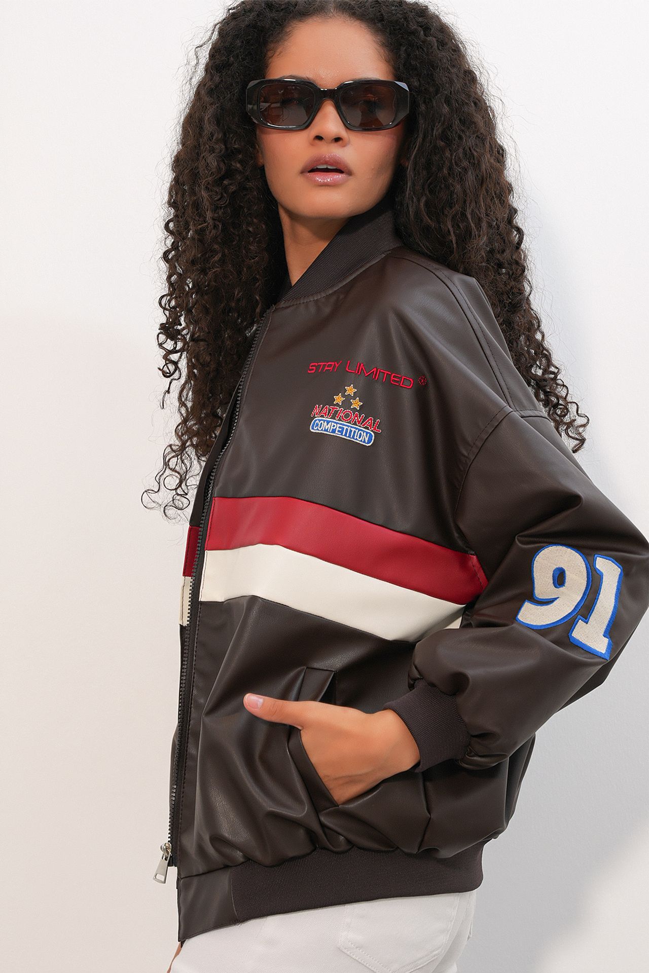 BDART Fitted Crop Faux Leather Bomber Jacket with Bow 3