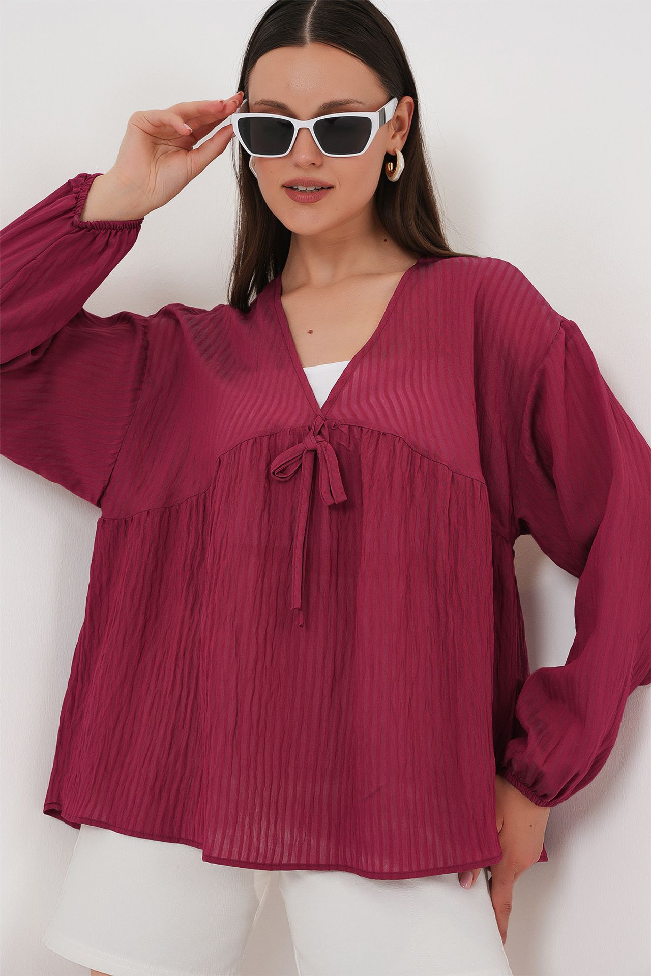 BDART Textured Seersucker V-Neck Blouse with Bow Tie 4