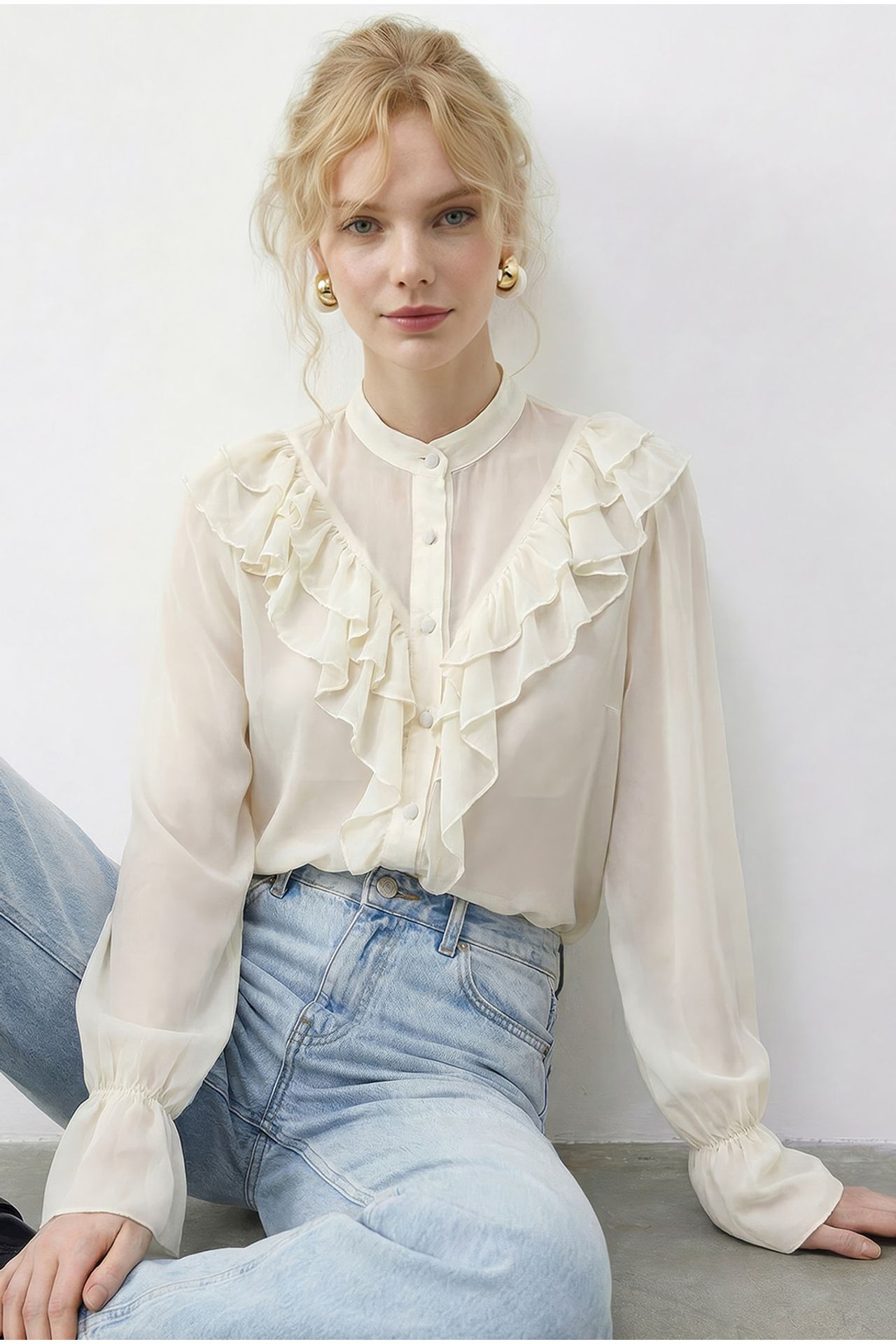 LUCCI Frilly Mandarin Collar Long Sleeve Chiffon Shirt 4
