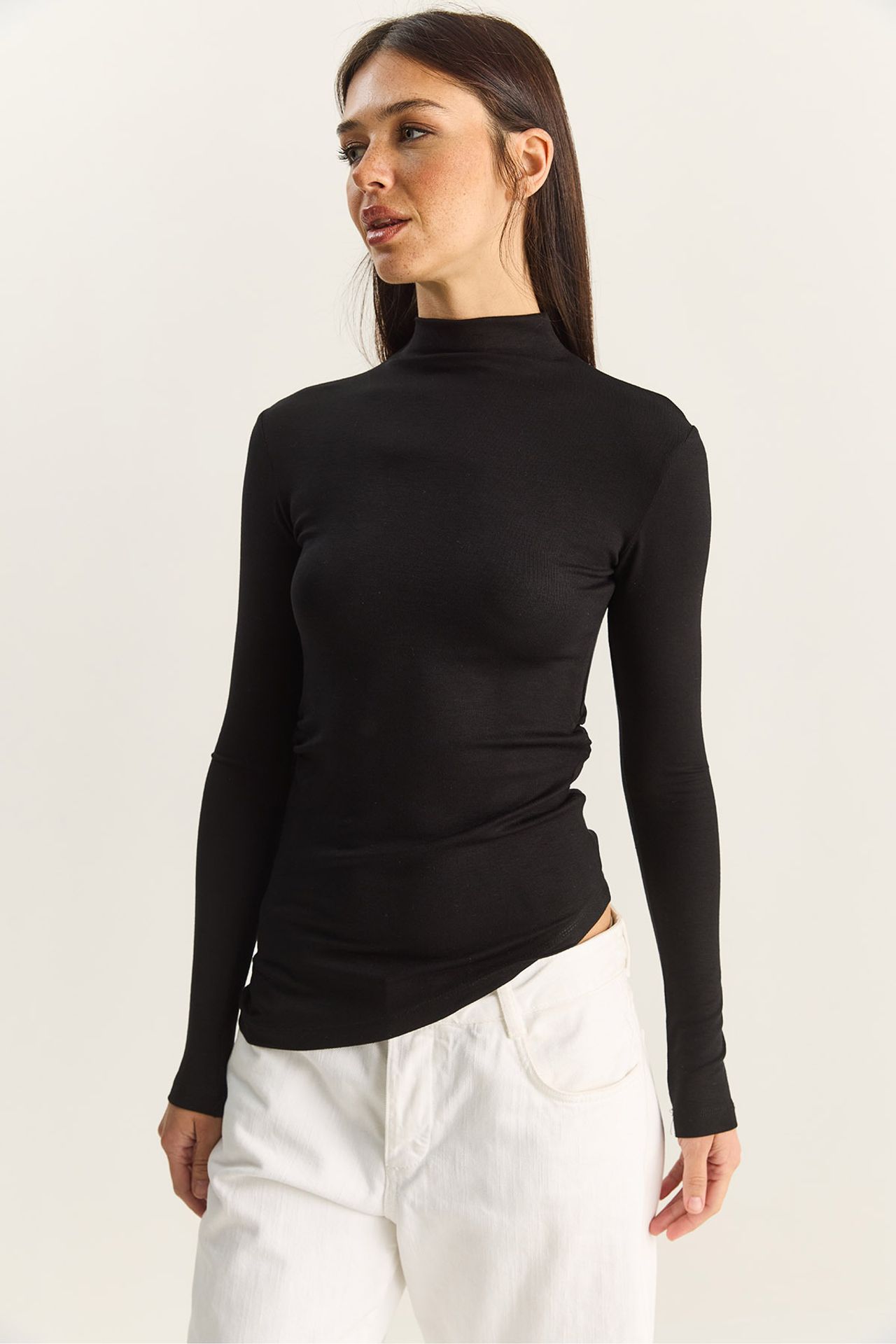 LUCCI Fitted Turtleneck Long Sleeve Blouse with Ruffle Detail 4