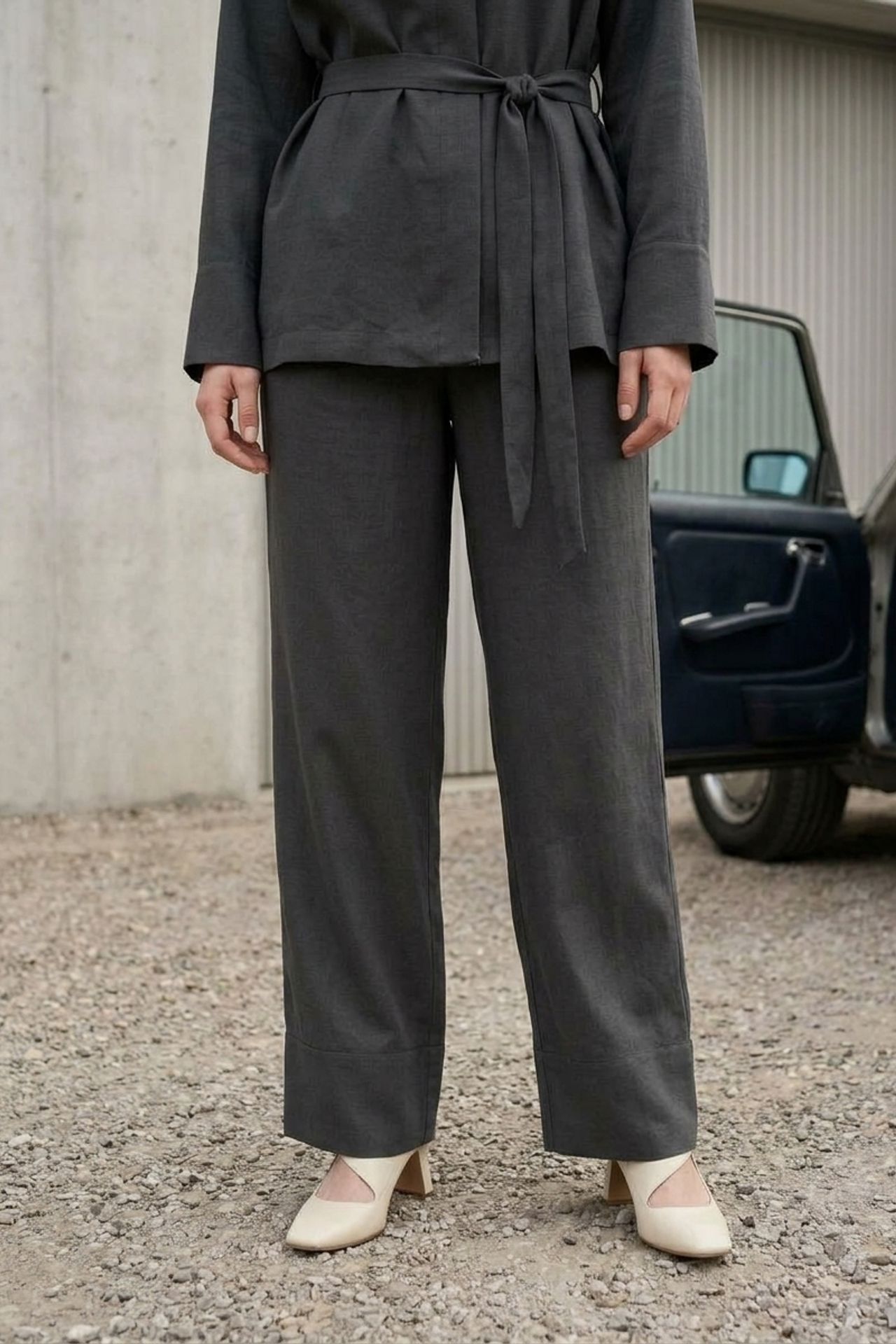 MY FASHION Belted V-neck Long Sleeve Two-Piece Set
