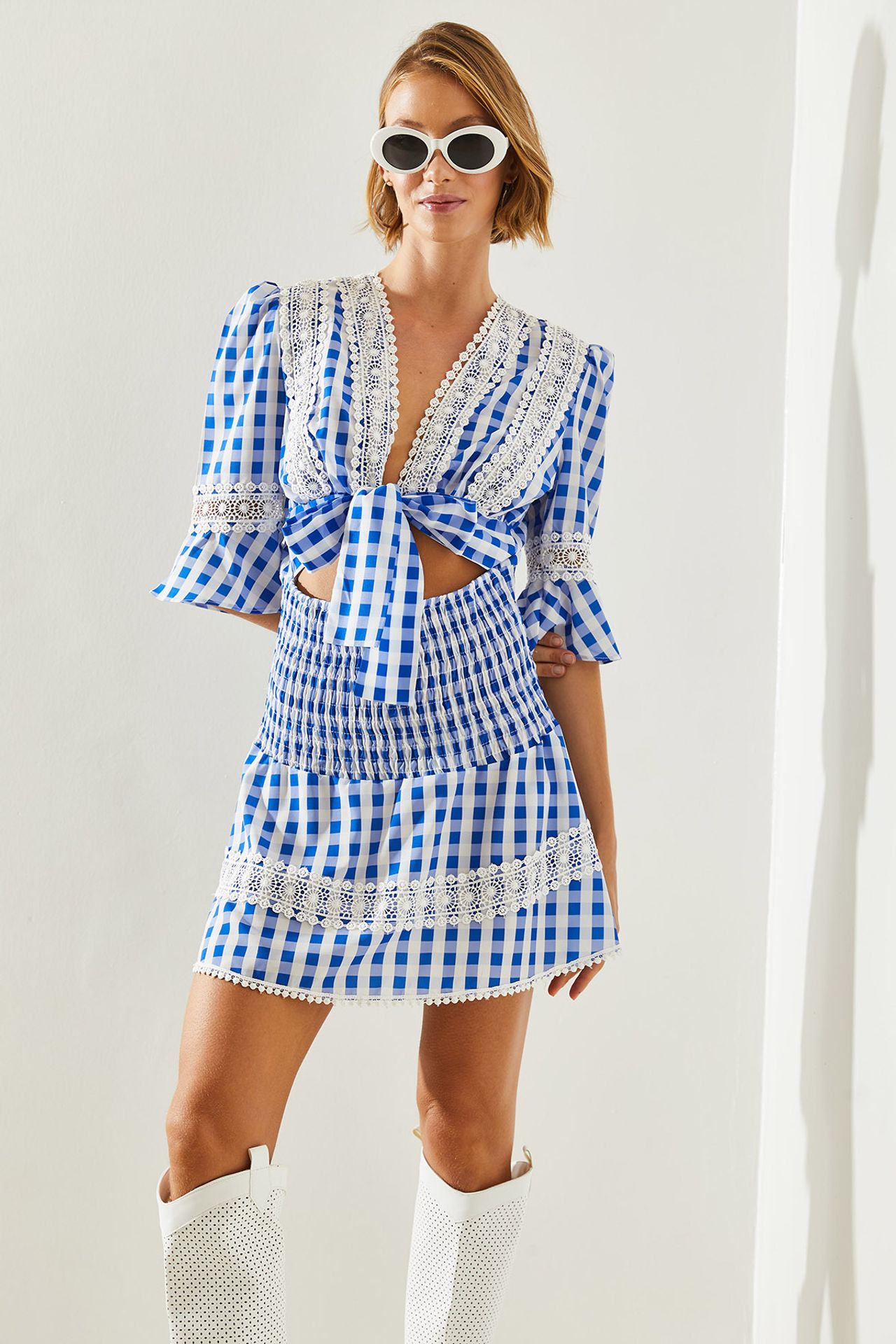 LUCCI Striped V-Neck Mini Dress with Bow