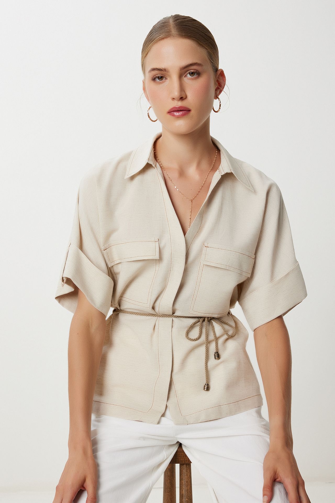 ISTANBUL Loose Fit Drawstring Shirt with Binding Detail 2