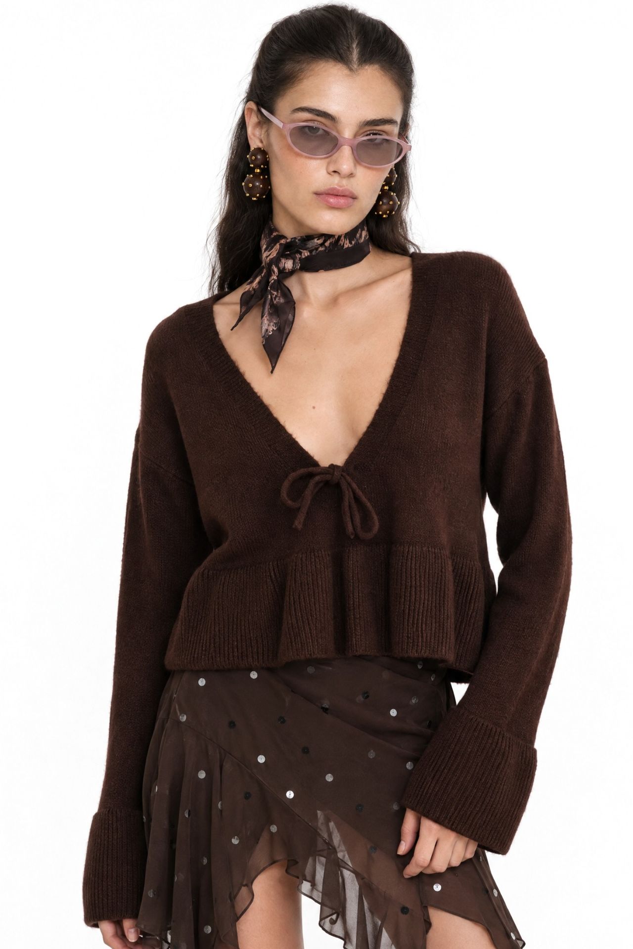 Mixray Tie Detailed Ruffled V-Neck Knit Sweater 1