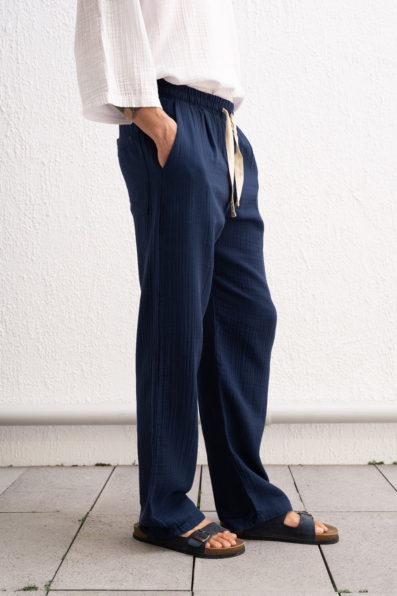 GIESTO Textured Cotton Relaxed Fit Drawstring Waist Pants 3
