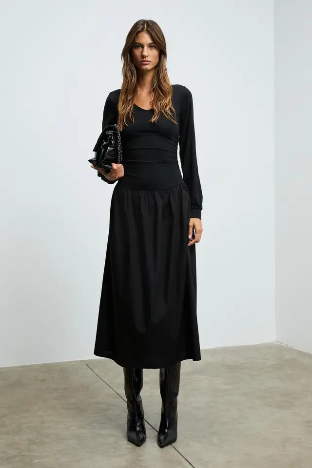 GRIMELANGE V-Neck Shirred Midi Dress