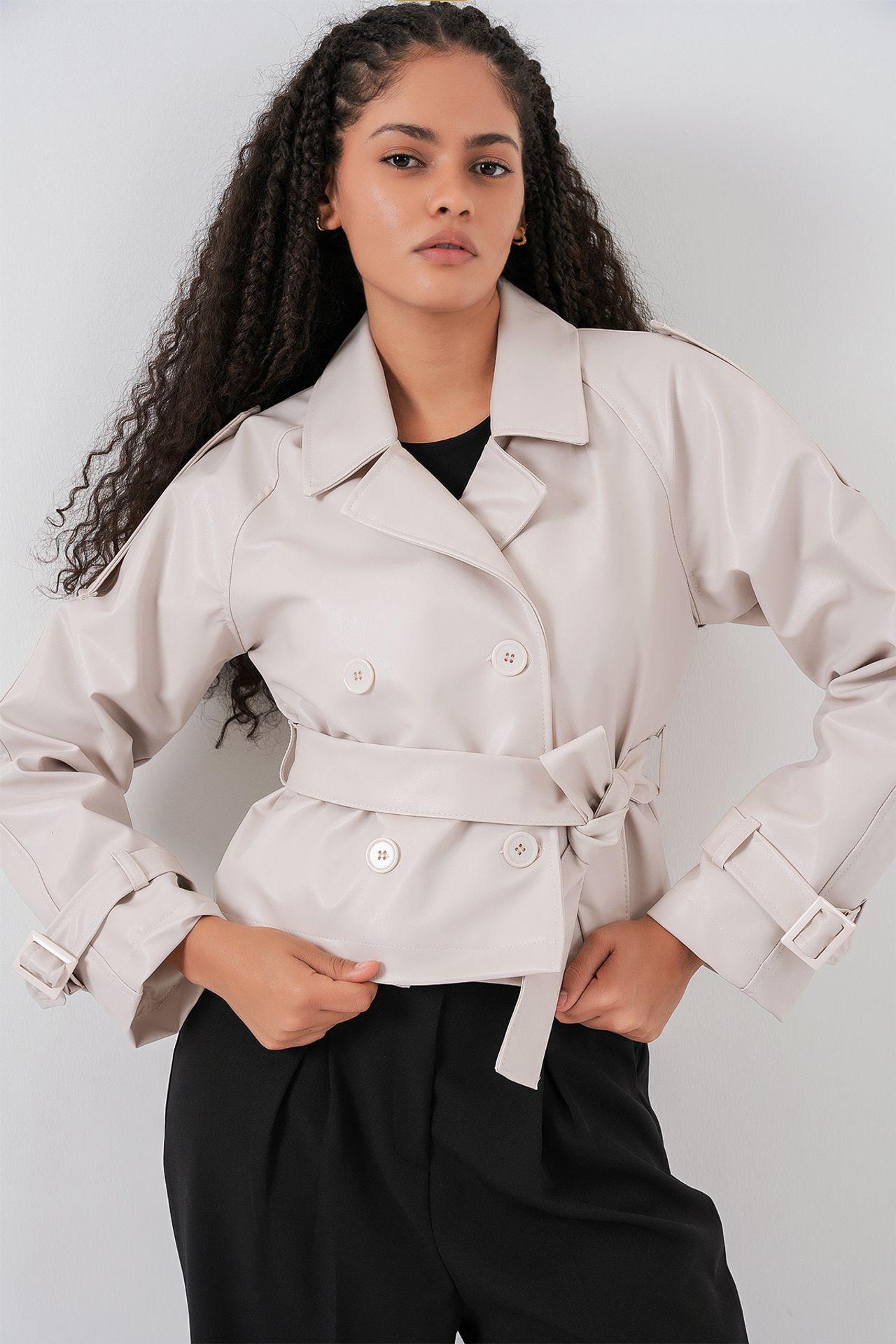BDART Fitted Double Breasted Faux Leather Jacket with Bow 1