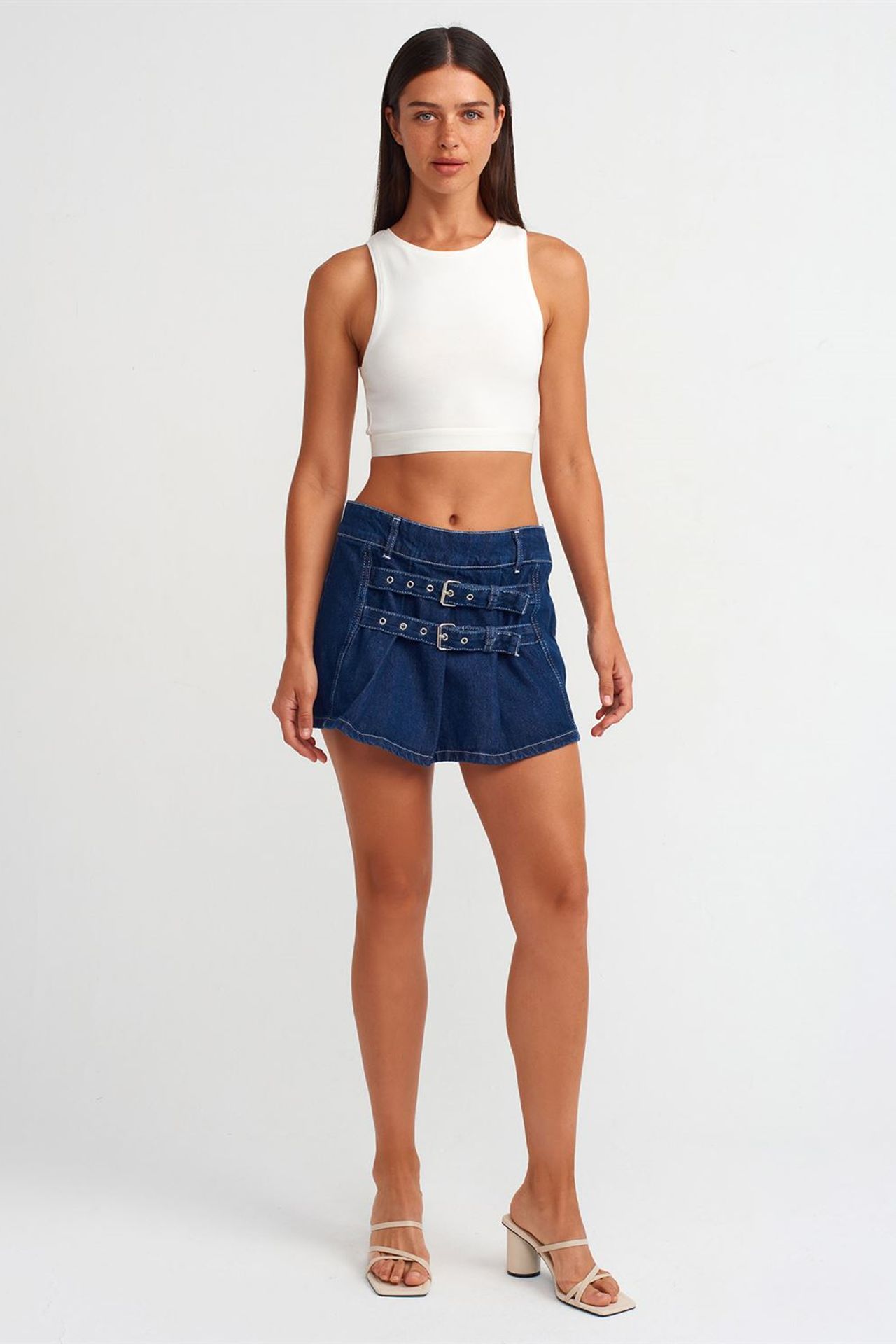 DILVIN Belted Cotton Denim Mini Skirt 1