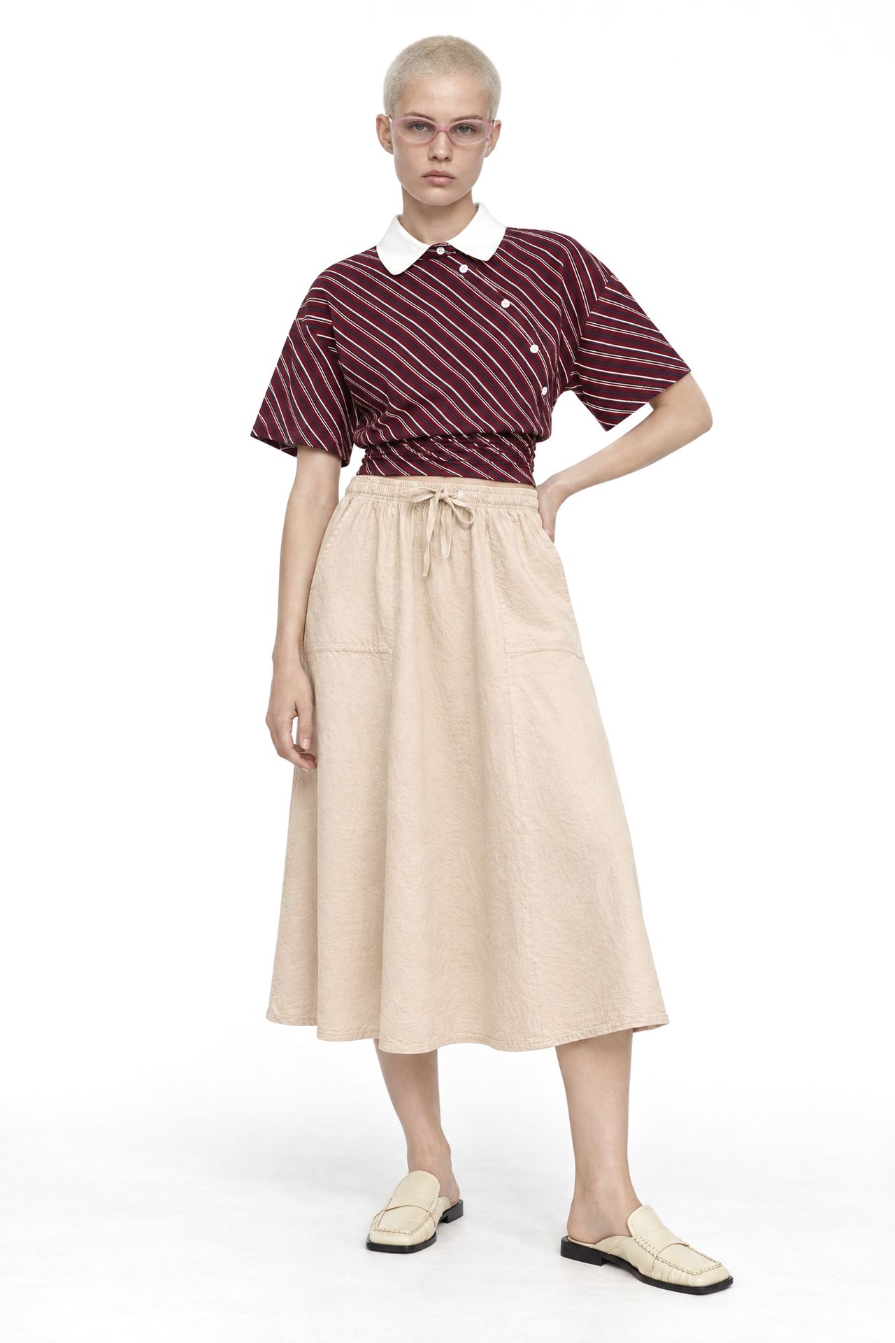 Mixray High-Waisted Poplin Skirt with Drawstring Detail 2